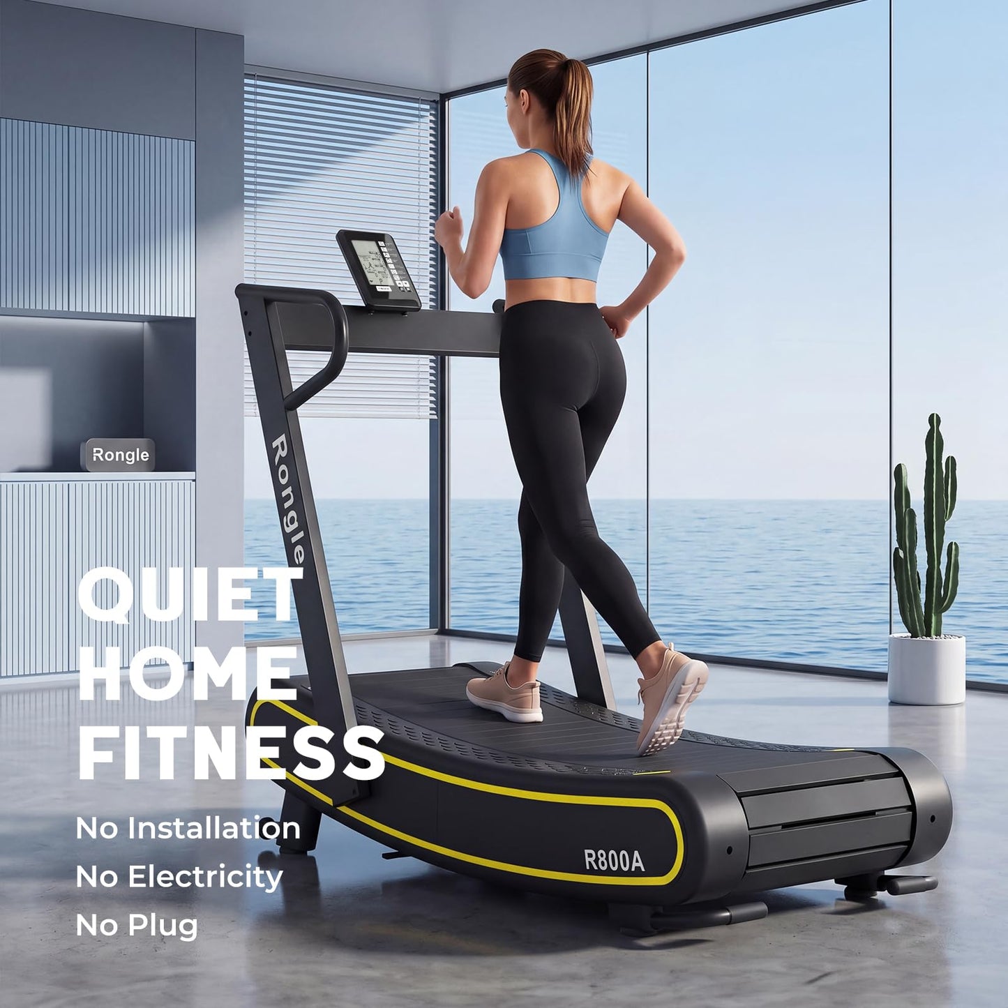 Rongle Curved Treadmill, Non-Powered Folding Treadmill, Adjustable Custom Resistance, Equipped with LCD Display, Suitable for Commercial and Home Use, 350 lbs Weight Capacity