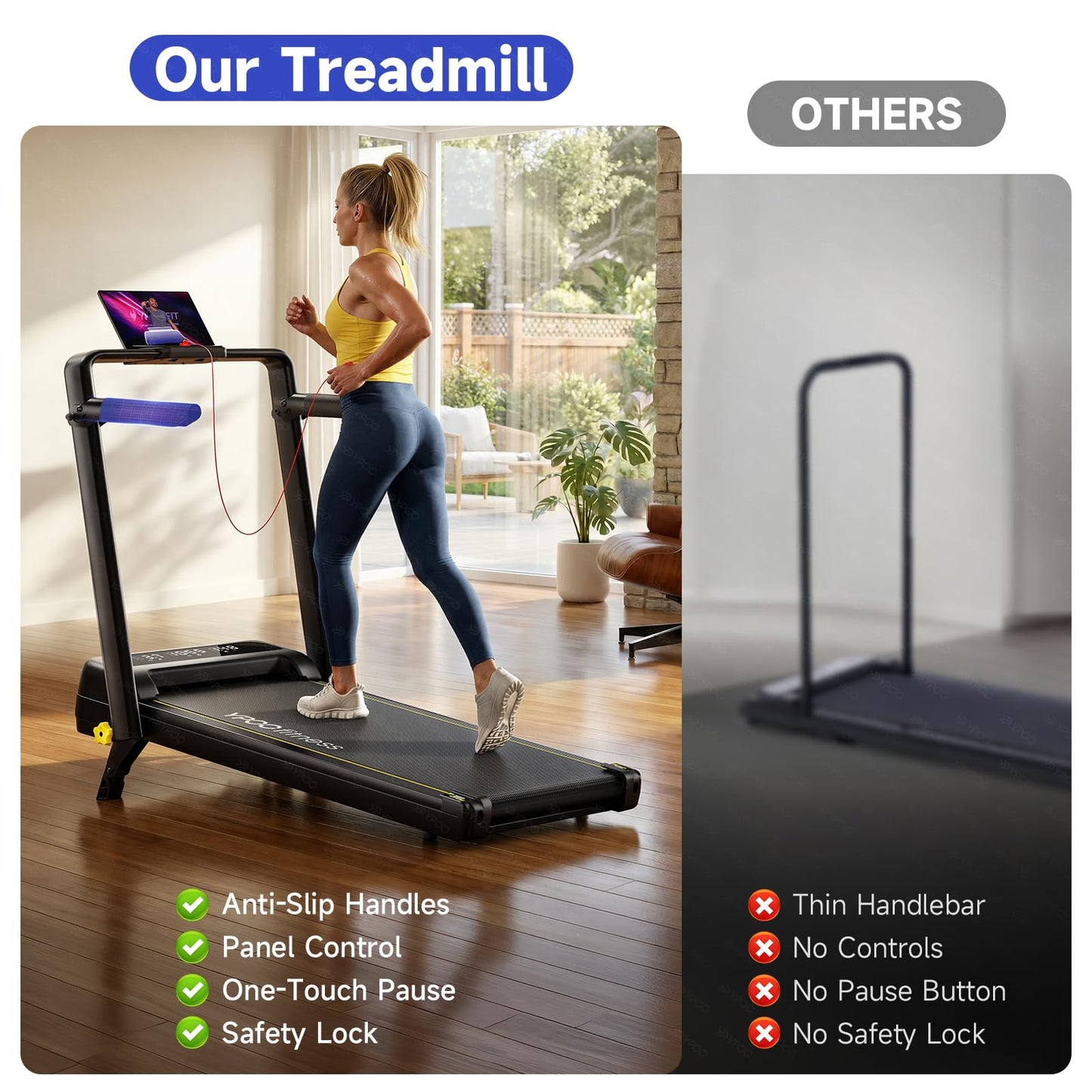 YPOO Foldable Treadmill with Incline, Walking Pad with Handle Bar 3 Level Incline, Portable Folding Treadmills for Home/Office 300 Lbs Capacity, Quiet Desk Treadmill with Remote Control & APP