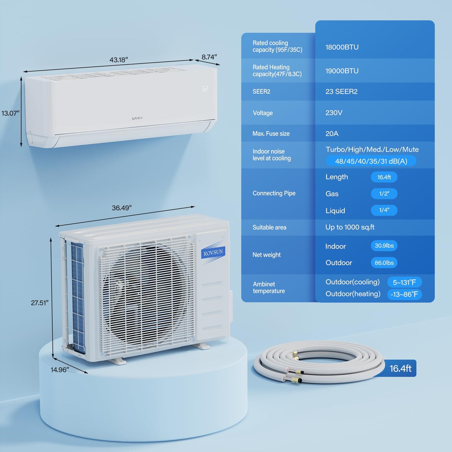 ROVSUN 18,000 BTU Mini Split AC/Heating System with Inverter, 23 SEER2 Energy Saving 230V Ductless Split-System Air Conditioner with Pre-Charged Condenser, Heat Pump, Remote Control & Installation Kit