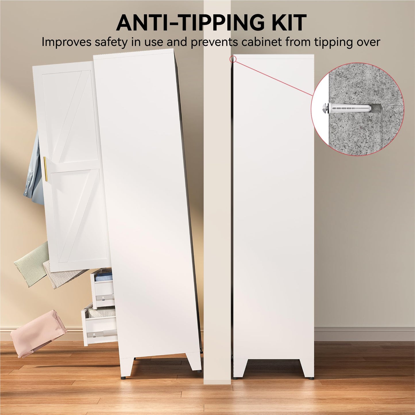 COFaR 71" Metal Wardrobe Closet with 2 Drawers & Hanging Rod, Freestanding Armoire Storage Cabinet with Adjustable Shelf and 2 Doors, White Steel Closet Organizer for Bedroom