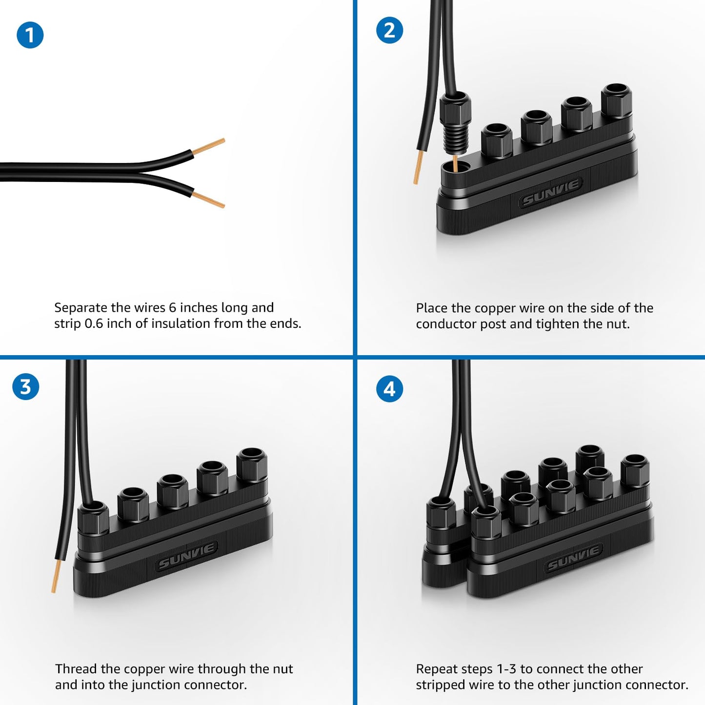 SUNVIE Low Voltage Wire Connector 5-Way Junction Hub 12-20 Gauge Nylon Black 4 Pack Model LVCO0304