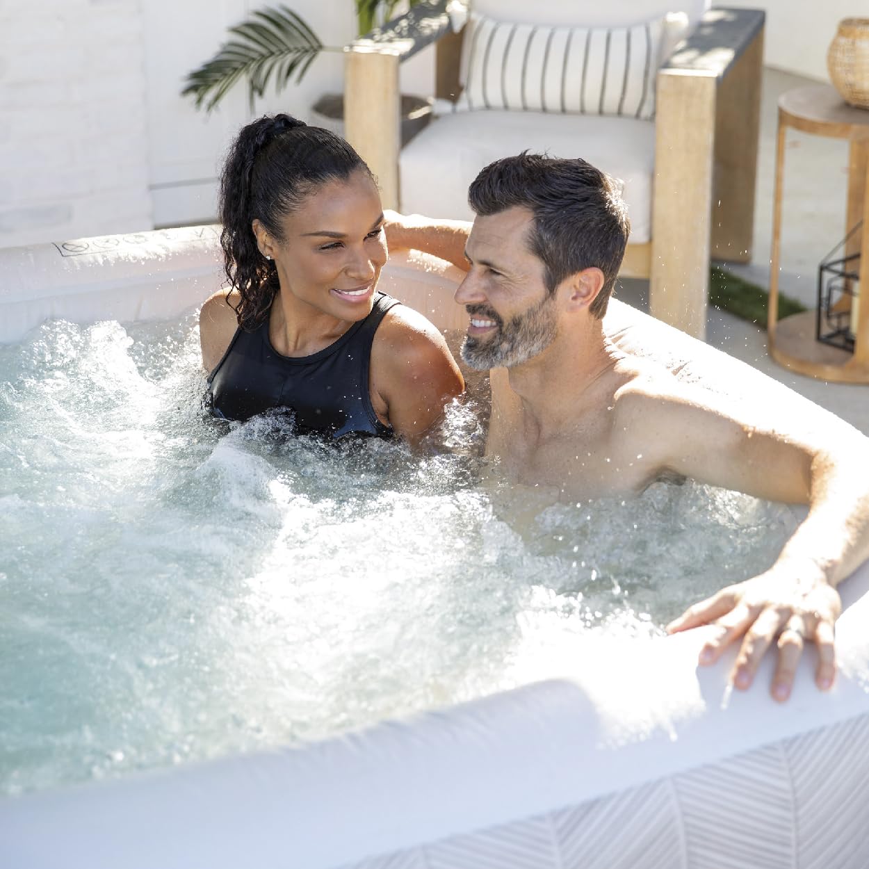 INTEX 28445EH 4 Person PureSpa Chevron Deluxe Outdoor Inflatable Portable Hot Tub, Includes Energy Efficient Spa Cover, Spa Control App, Saltwater System Ready, 69" x 69" x 28"