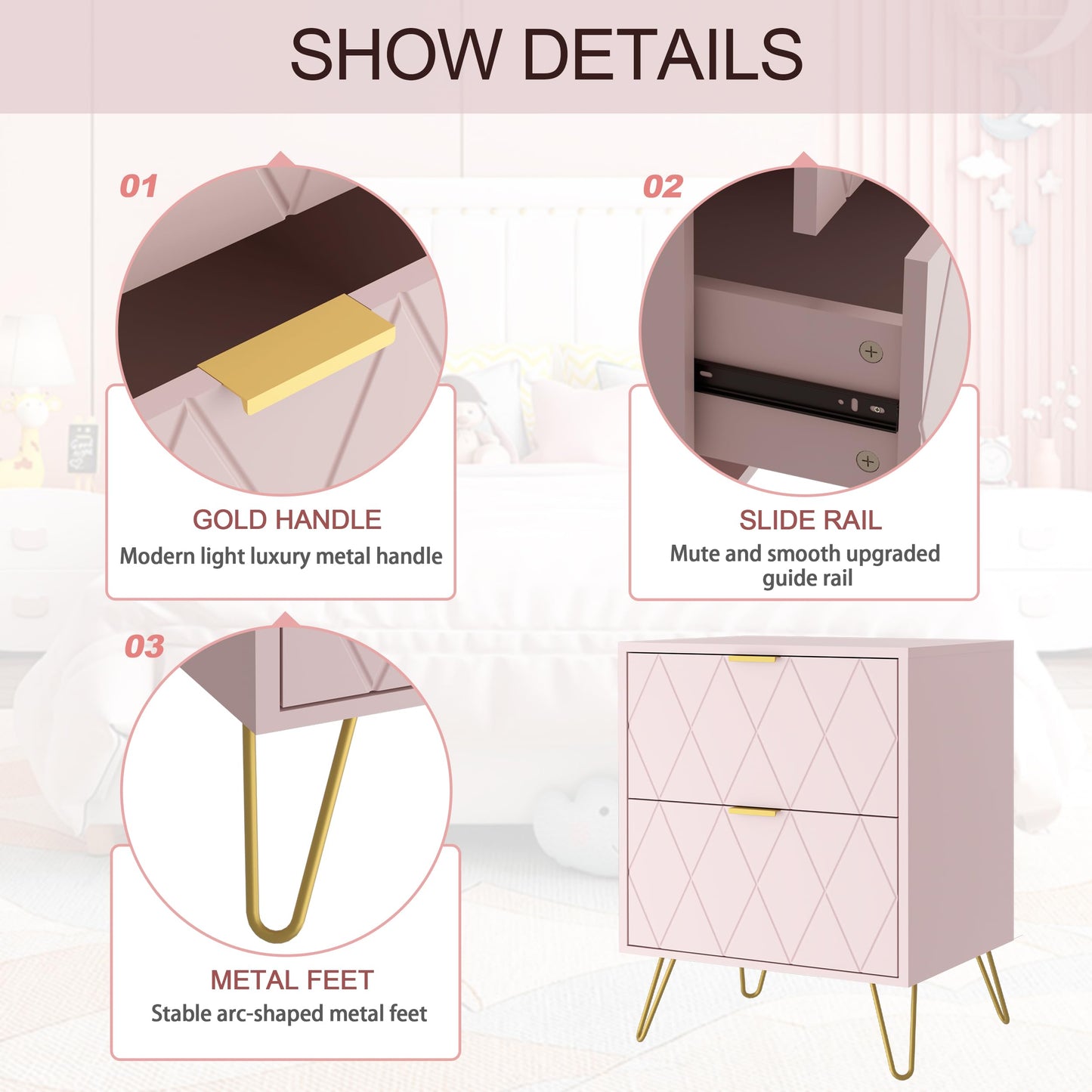 Anbuy Pink Nightstand Set of 2, End Side Table Double, Bedside Table with 2 Drawers, Dual Night Stand Set 2 Gold Legs for Bedroom Living Room
