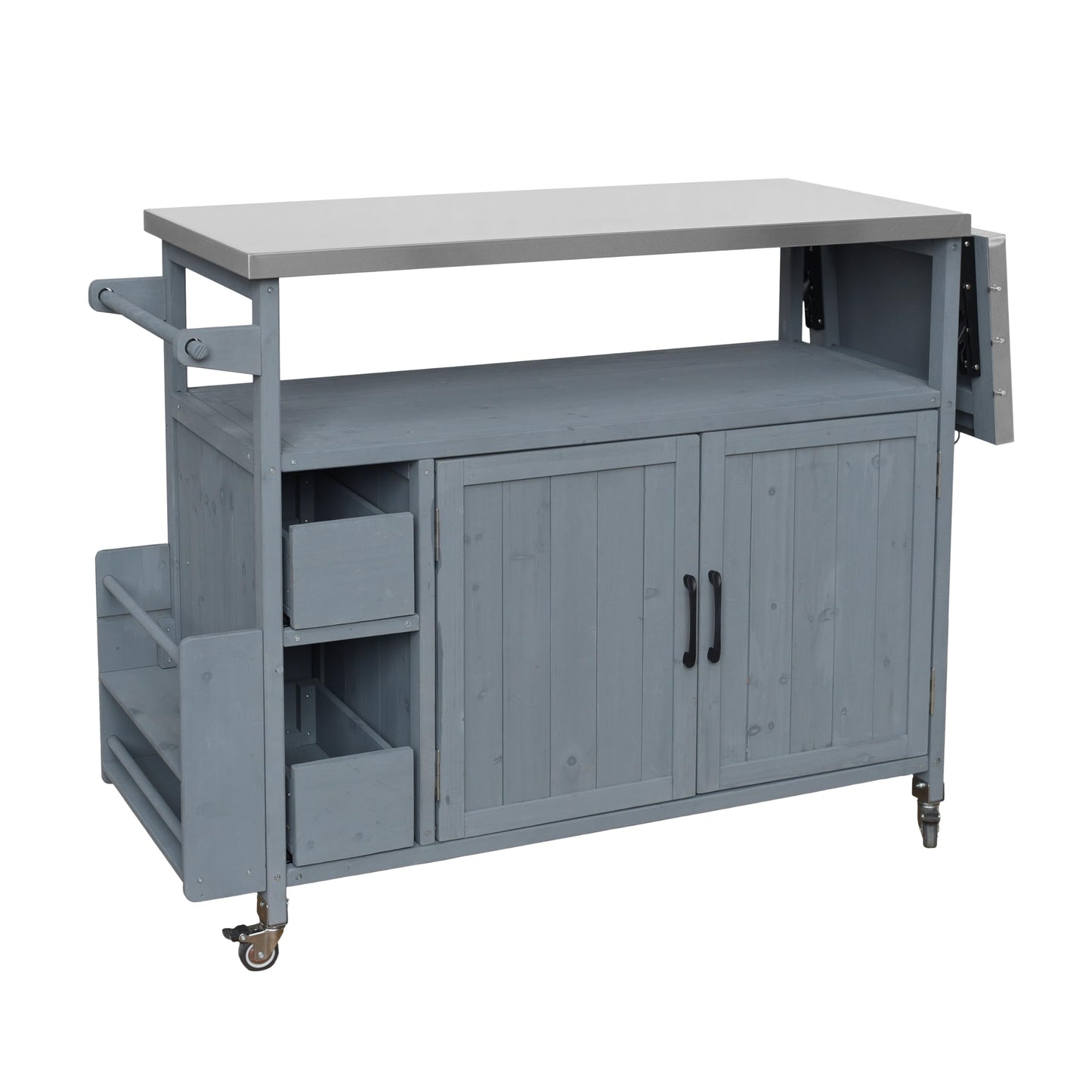 Christopher Knight Home Edsel Outdoor Bar Cart with Stainless Steel Top and Lockable Wheels, Solid Wood Outdoor Storage Cabinet, Kitchen Island Serving Cart for Poolside, Garden, Blue Gray