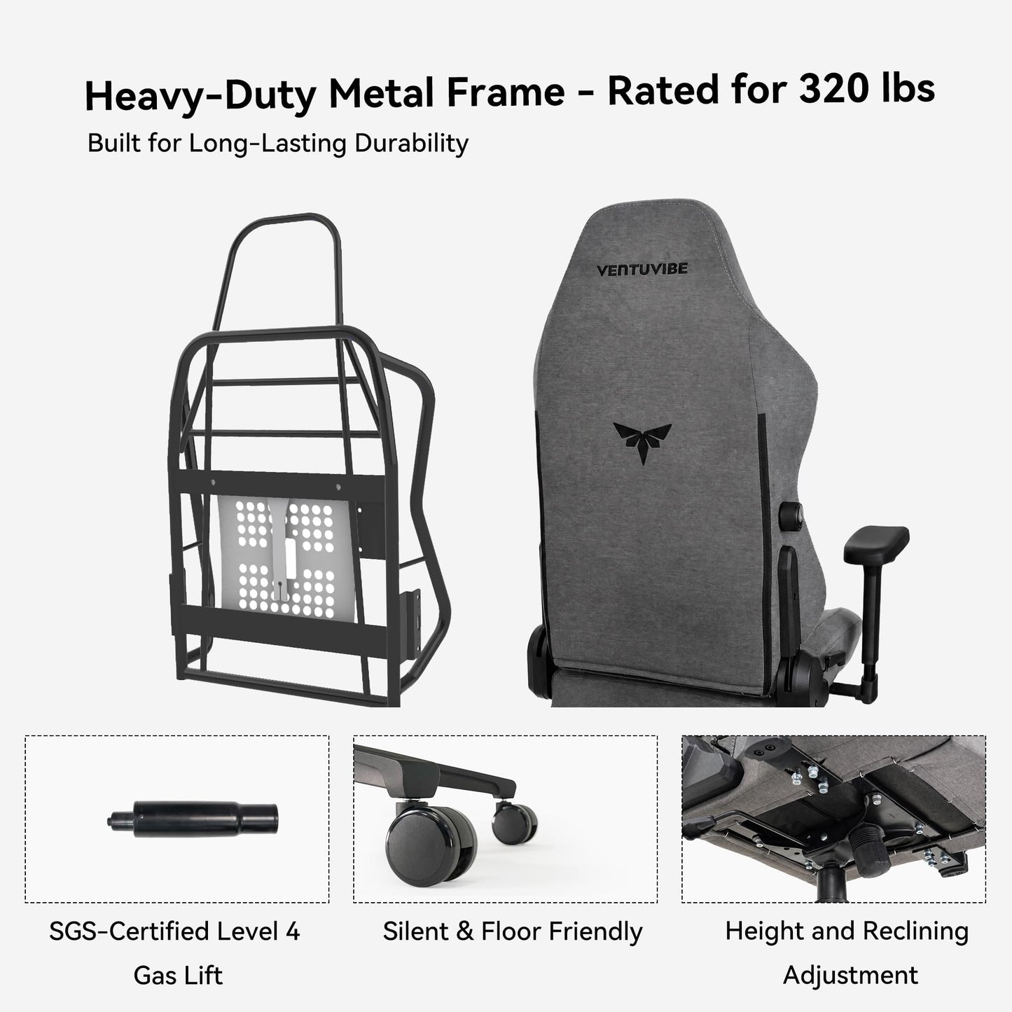 VENTUVIBE Gaming Chair - High Back Ergonomic Computer Chair with Lumbar Support, Video Game Chair-4D Adjustable Armrests,170° Reclining & 320lb Capacity,Fabric,Meteorite Gray