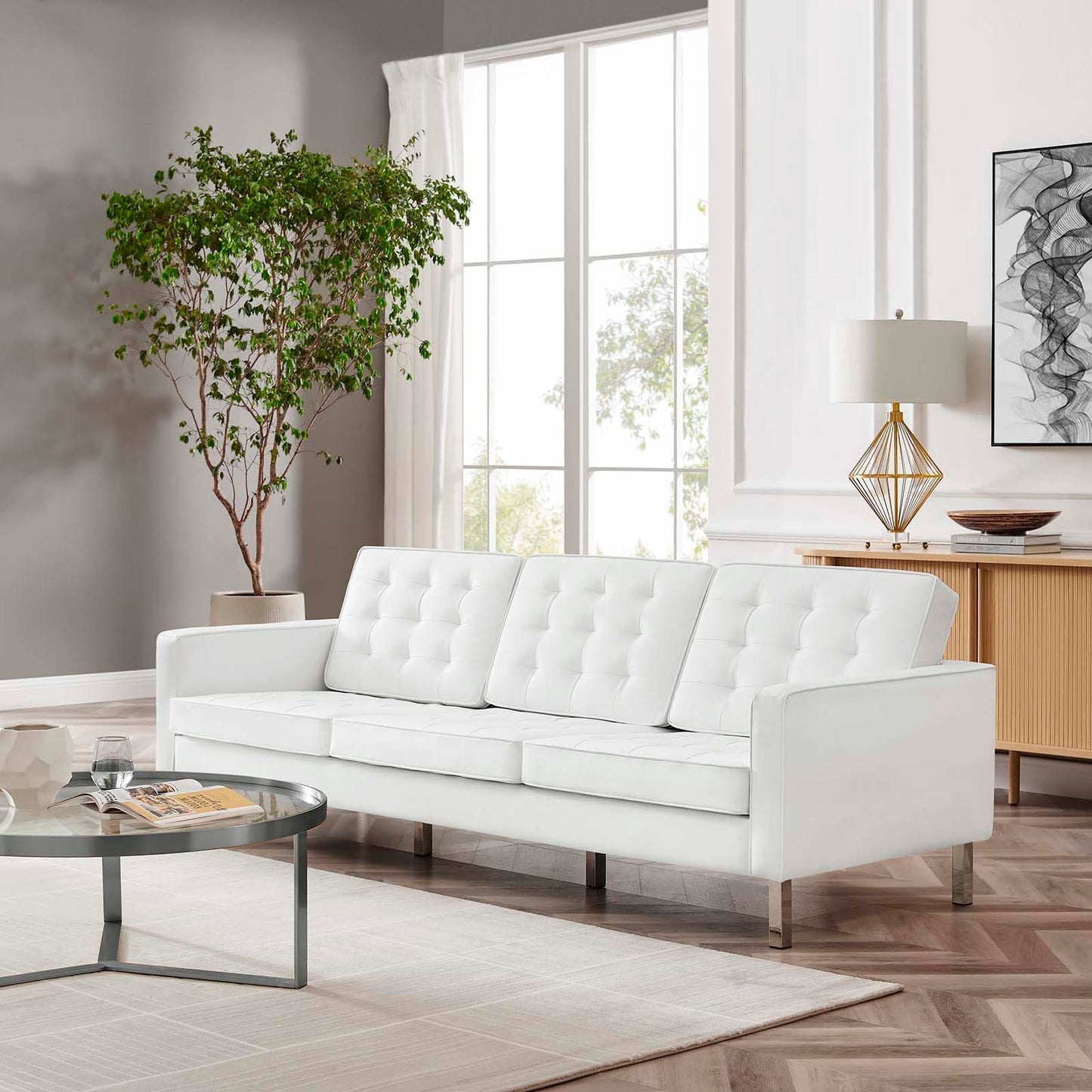 Modway Loft Tufted Button Faux Leather Upholstered Sofa in Silver White