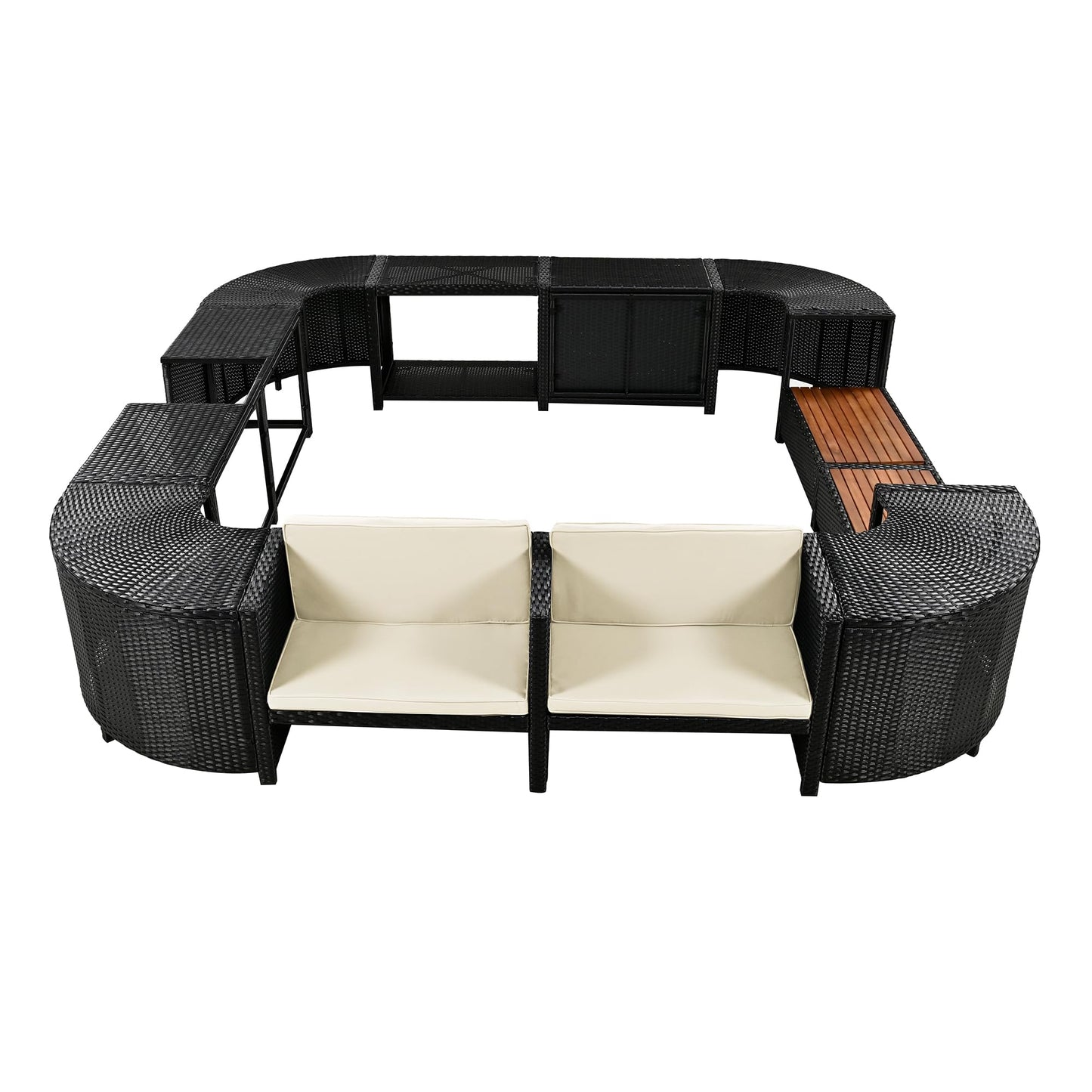 YOPTO Outdoor Waterproof Spa Surround Rattan Sectional Sofa Set with Mini Sofa,Wooden Seats and Storage Spaces Chaise w/Comfortable Cushion,Garden Furniture for Yard Pool Backyard,Beige