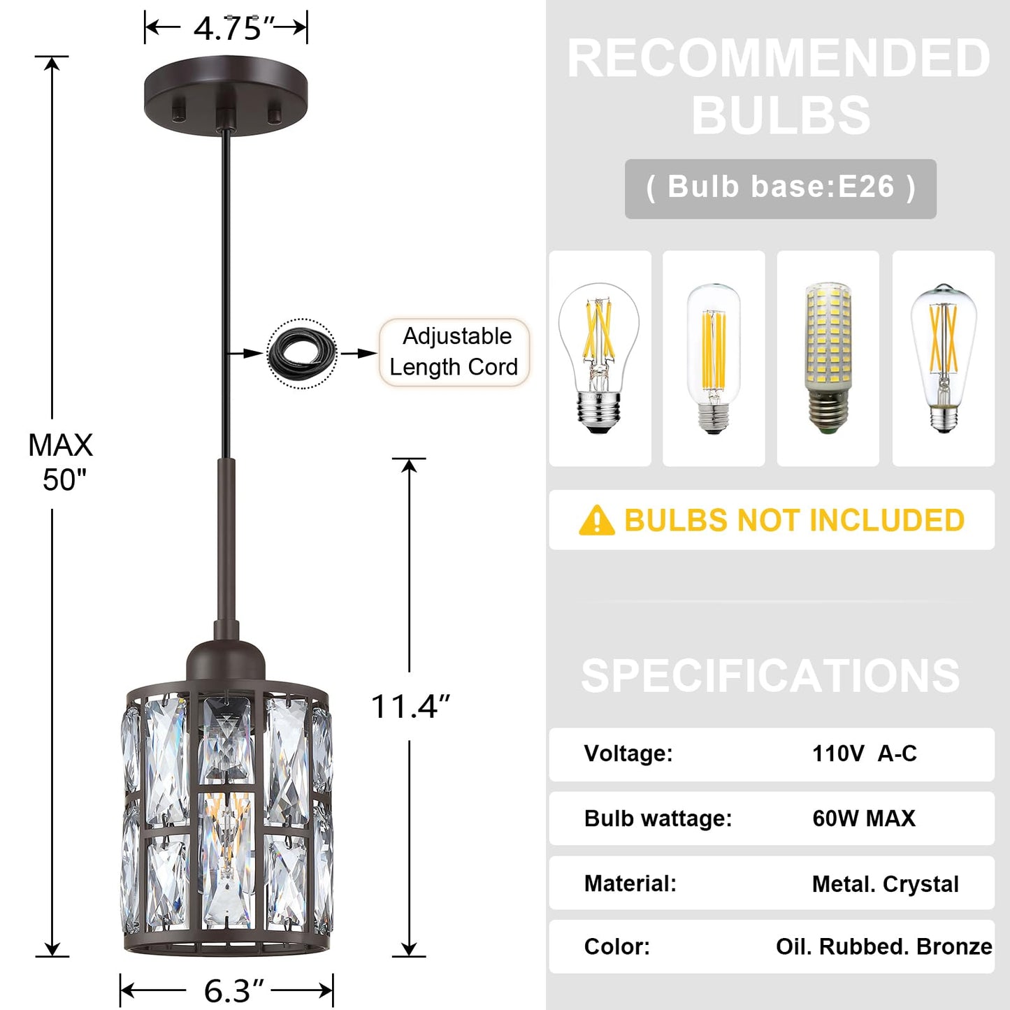 Dolaimy House 2 Pack Pendant Light Fixture, 6.3in Crystal Plate, Oil Rubbed Bronze, Modern Design for Bar, Dining Room, Living Room