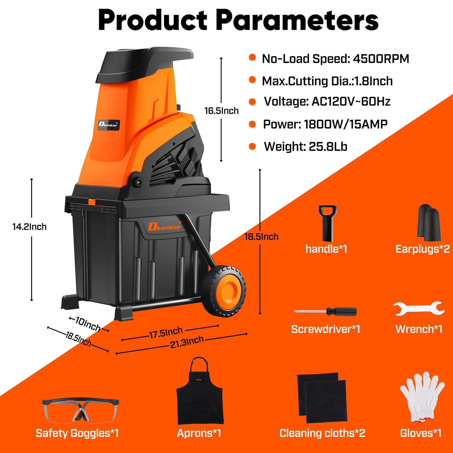 Dkenicor Wood Chipper Shredder,1800W Cut Diameter of 1.77inch with 10 Gallon Collection Bin 15-Amp Electric Wood Chipper Shredder for Easy Cleanup Ideal for Branches, Leaves,Yard Waste, Orange