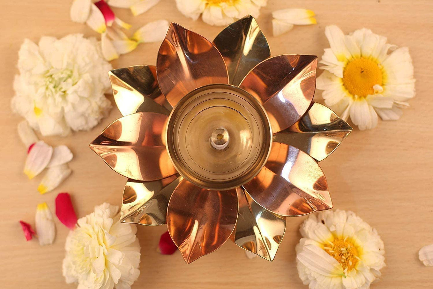 Craftsman Brass Copper Diya Set - 6 Pc Lotus Flower Petals for Diwali Home Temple Decoration, Model LD