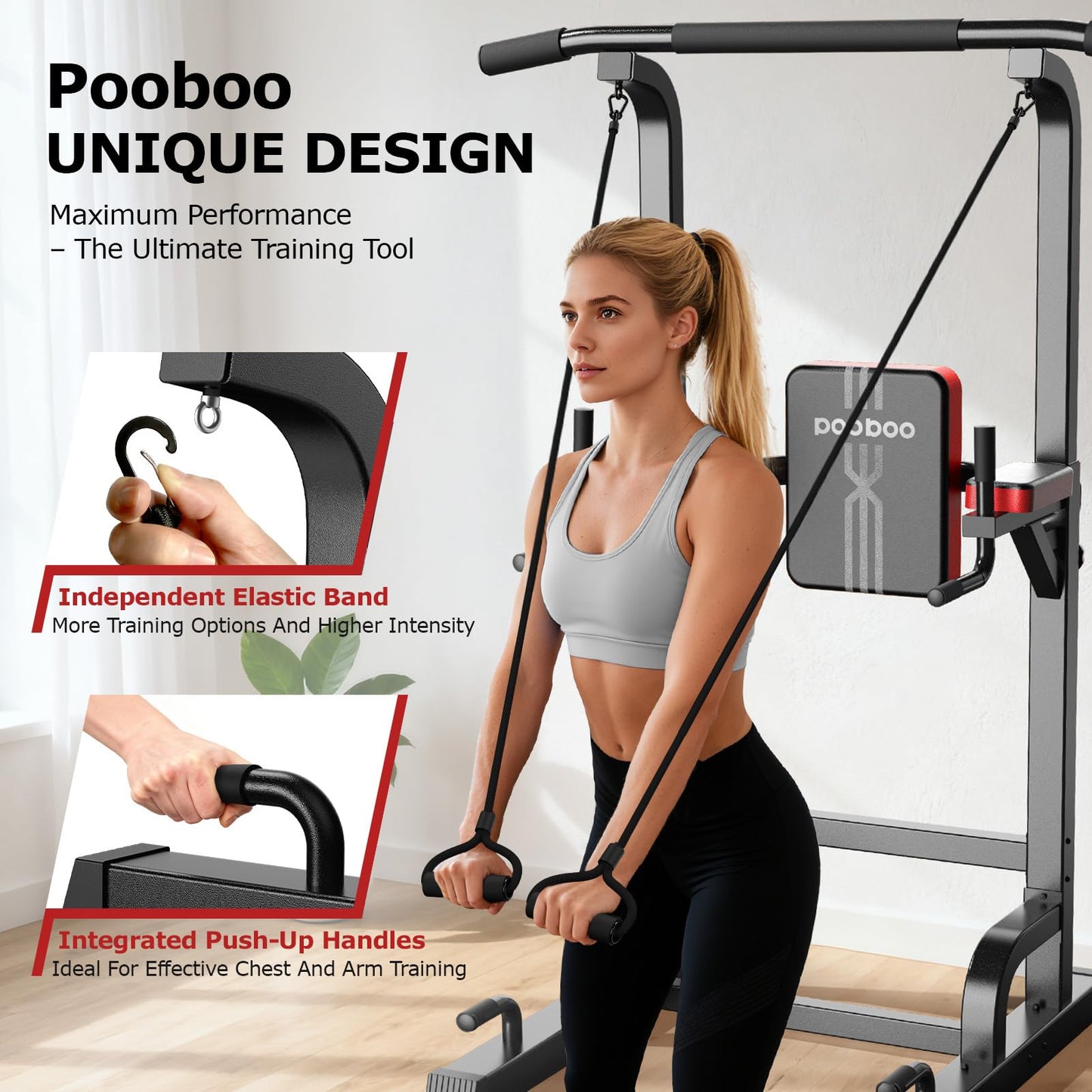 Power Tower Dip Station Pull Up Bar for Fitness Home Gym Workout,Multi-Function Adjustable Height Fitness Strength Training Exercise Equipment,with Power Elastic Ropes,Black Red-02