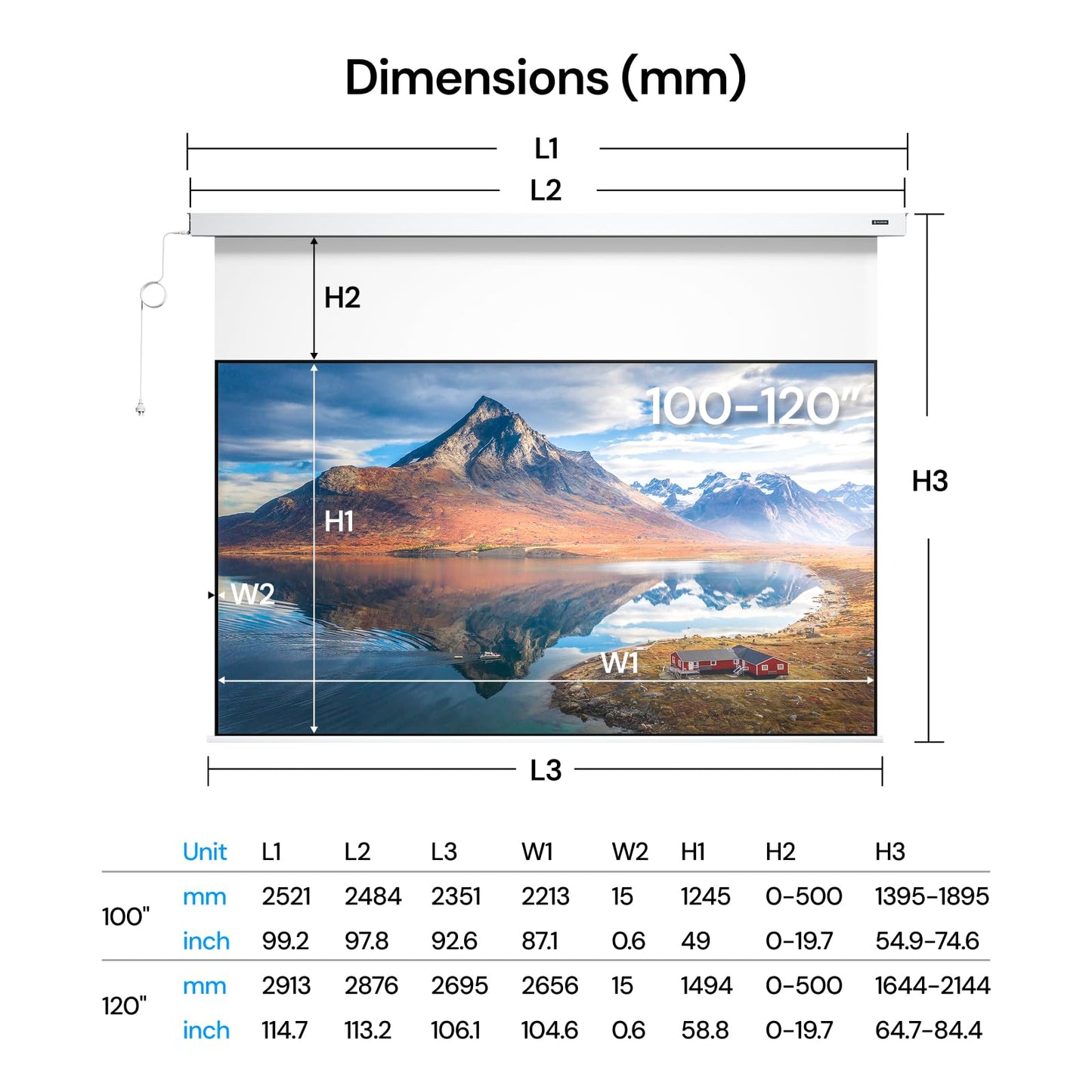 Valerion 120" PureVision Motorized Projector Screen, Laser Speckle Reduction, Auto-Sync with Projector, 4K/8K UHD Ready, 20" Adjustable Drop, Black Backing for Enhanced Contrast, Long Throw Only