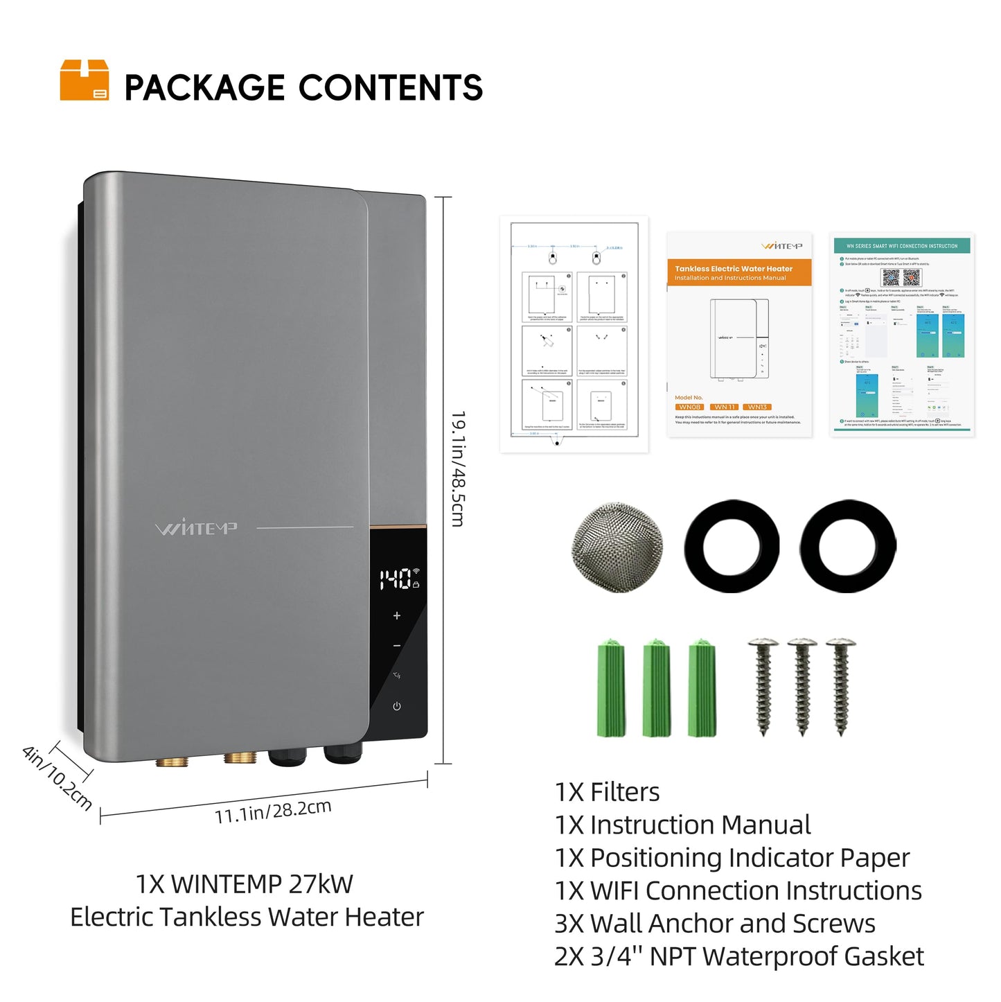 Electric Tankless Water Heater WINTEMP 27kW 240V, Whole House Hot Water Supply, On Demand Instant Endless Water Heater, with LED Temperature Display, WiFi Control, Up to 6.3 GPM, ETL Certified