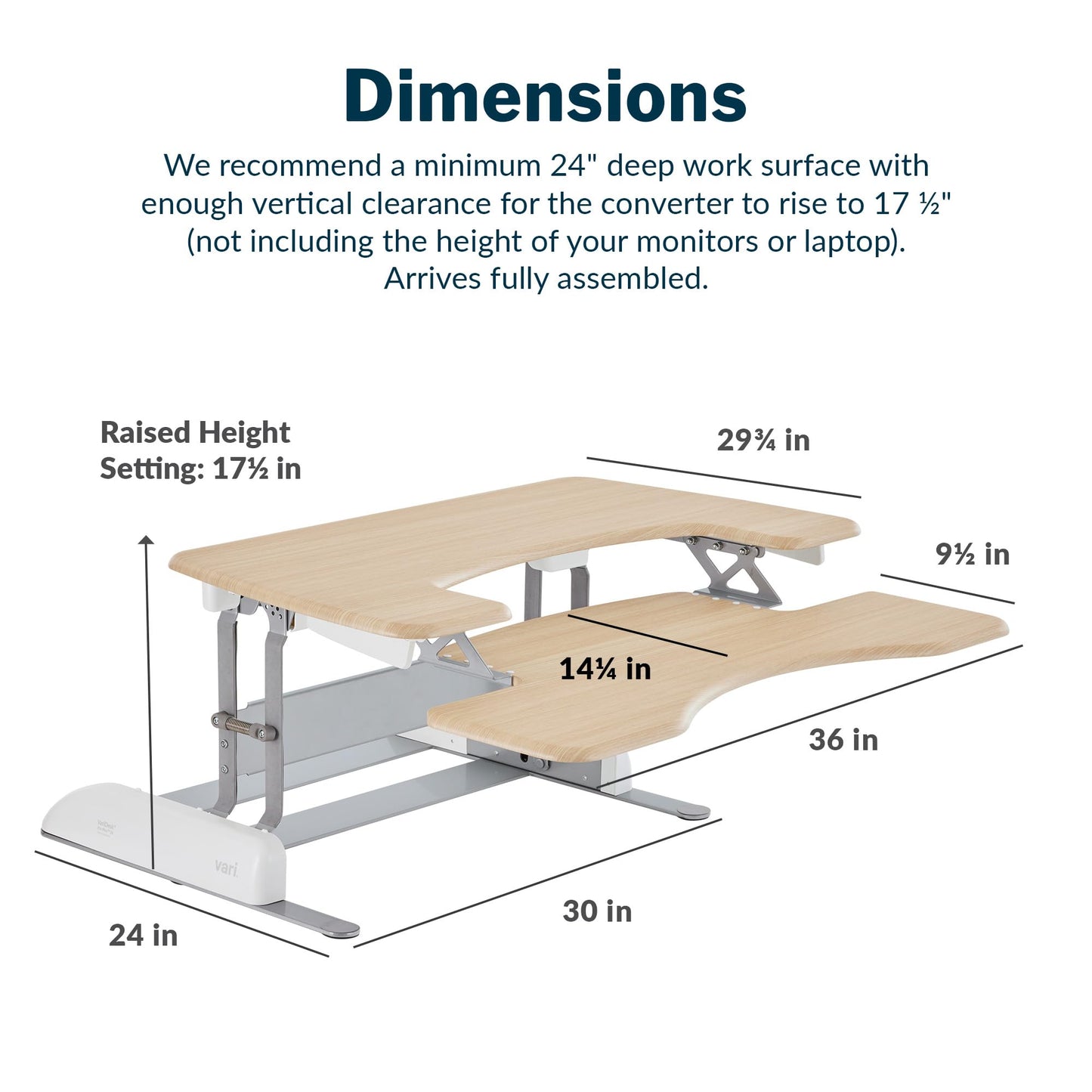 Vari VariDesk Pro Plus 36 Standing Desk Converter – 11 Height Settings + Spring Lift, 2 Tier Design, Keyboard Tray, Fits Desktops 36” Wide x 26.5" Deep – Delivers Fully Assembled (Light Wood)