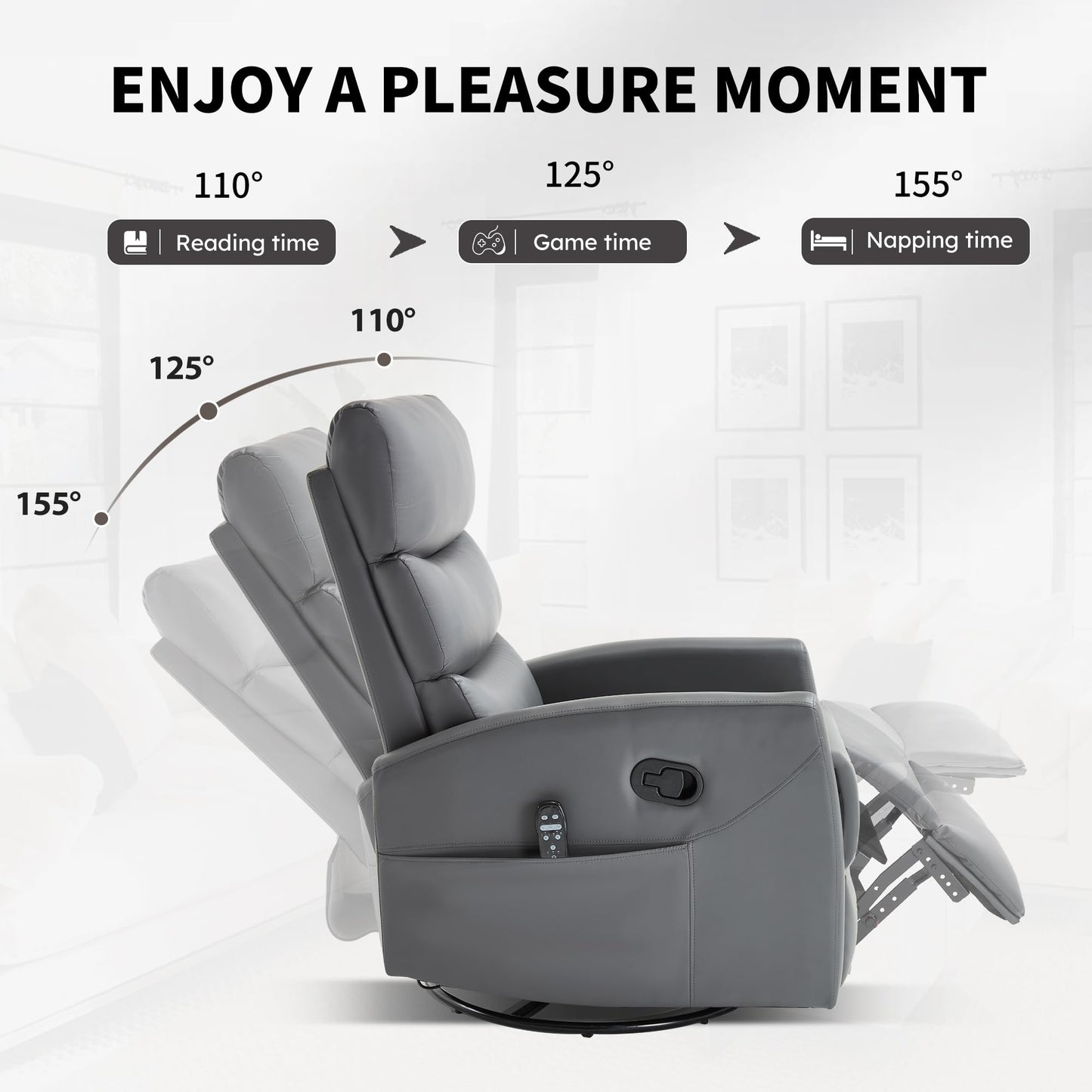 KEIKI 4-in-1 Manual Swivel Rocker Recliner Chair for Home Living Room, Faux Leather Chair with Back Massager & Heat, Home Theater Seating with Lumbar Support, Studio Apartment Essentials, Grey