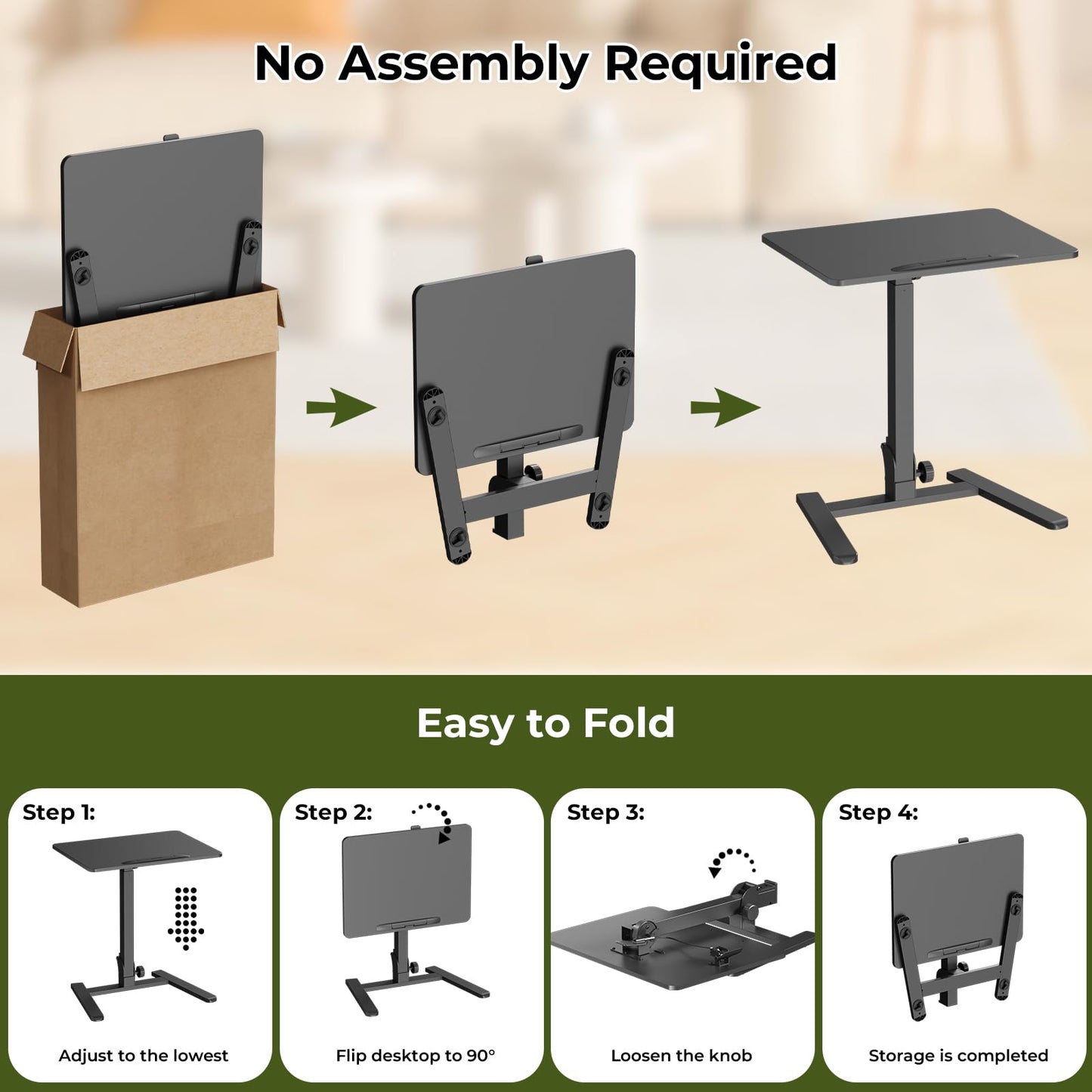Gibbon Mounts Foldable Standing Desk,Small Mobile Sit-Stand Desk with 90 Tiltable Top,Rolling Rising Laptop Workstation Adjustable Height,Portable Table on Hidden Wheels/4 Lockable Casters,Black