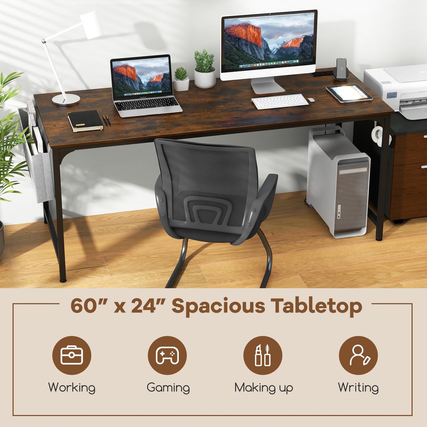 Tangkula 60" Conference Desk Set of 6, Modern Boardroom Desk with Storage Bag, Headphone Hook, Sturdy Metal Frame, Rectangular Seminar Table with Charging Station