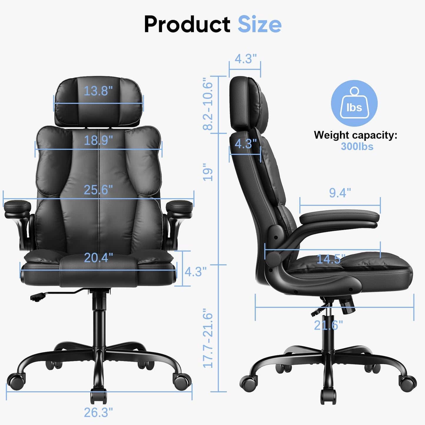Kensaker Office Chair with Adjustable Headrest & Lumbar Support for for Lower Back Pain Relief, Executive PU Leather Chairs Comfy with Double Padding & 135° Rocking for Home Office, Black
