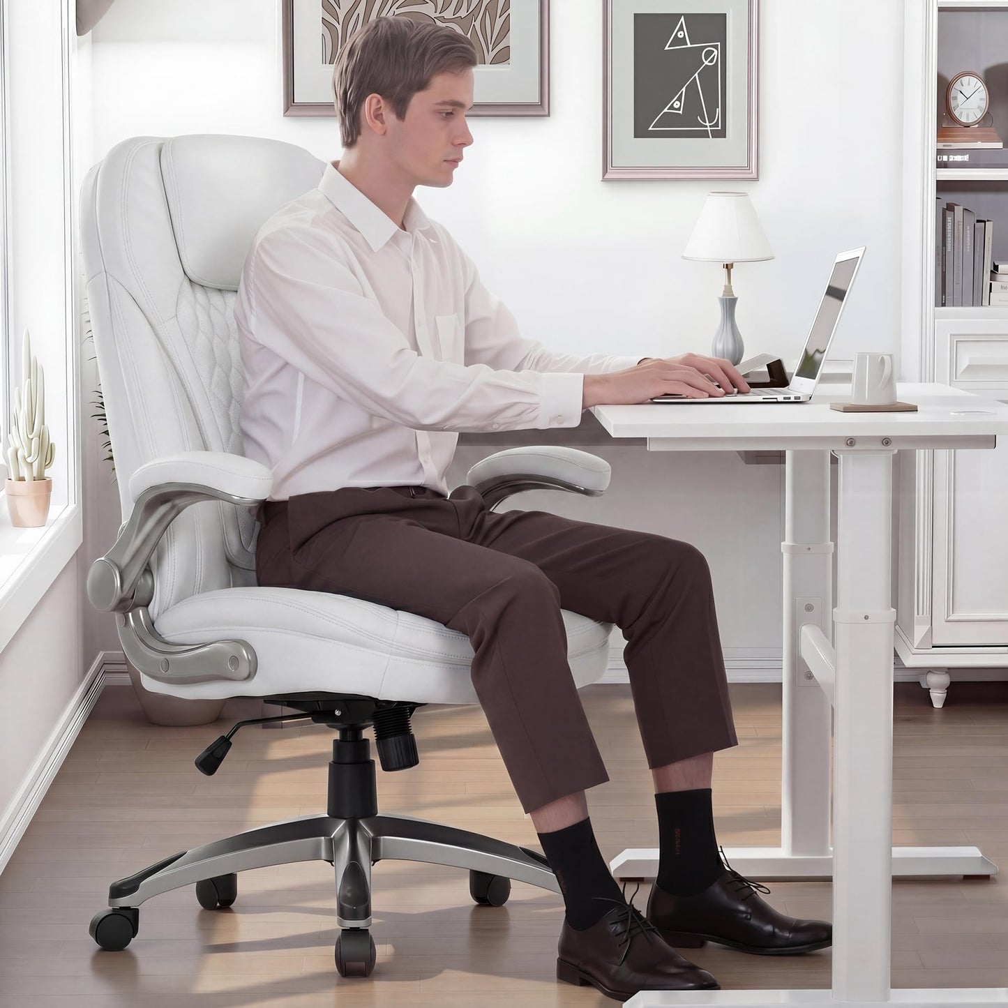 COLAMY Executive Office Chair-Ergonomic Computer Desk Chair, High Back Leather Chair with Padded Flip-up Arms, Swivel Home Office Chair Upgraded Caster, White
