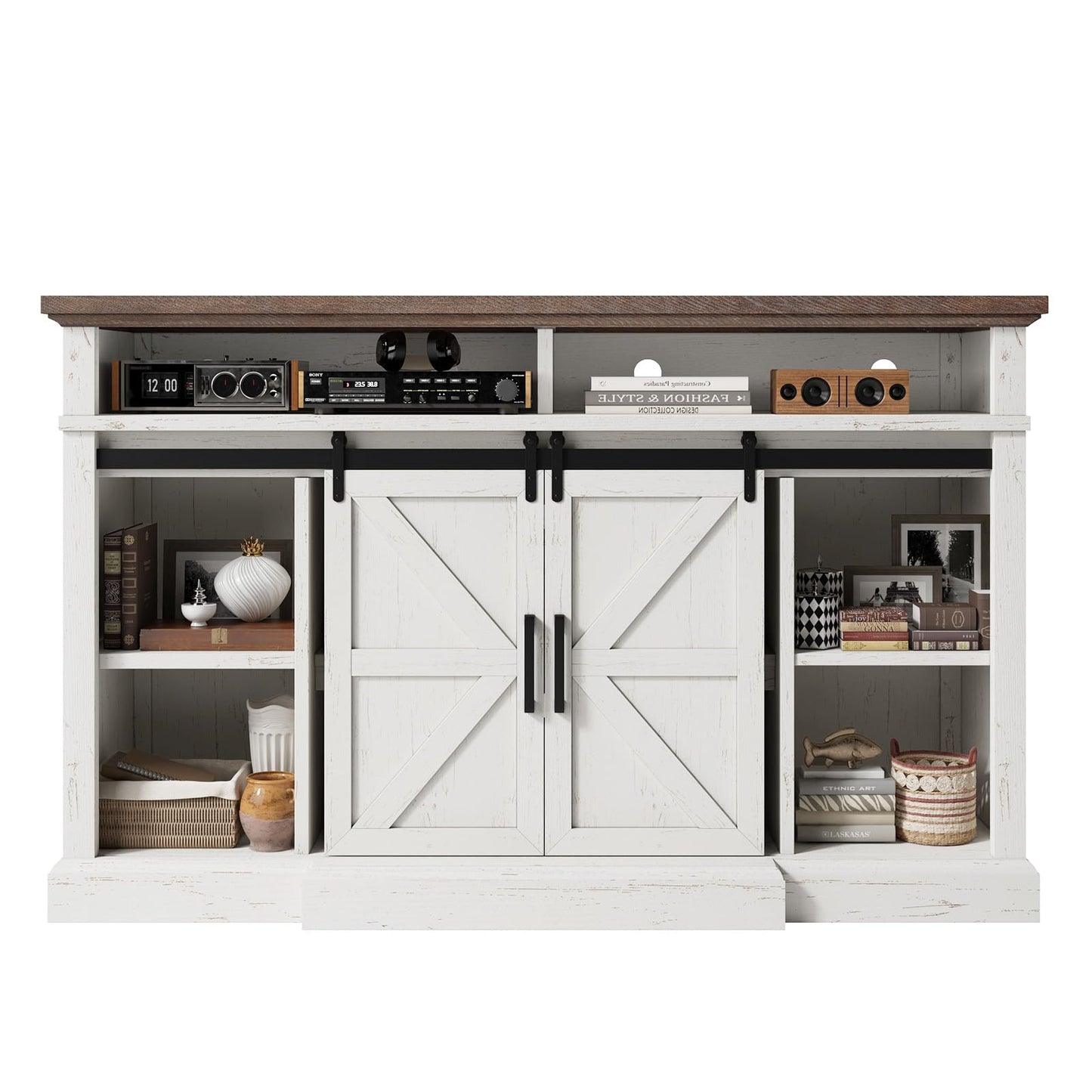 AMERLIFE 66" W Farmhouse TV Stand, Wood 40" H Tall Entertainment Center with Sliding Barn Door & Large Storage Shelves, Rustic Media Console for TVs up to 75", Distressed White