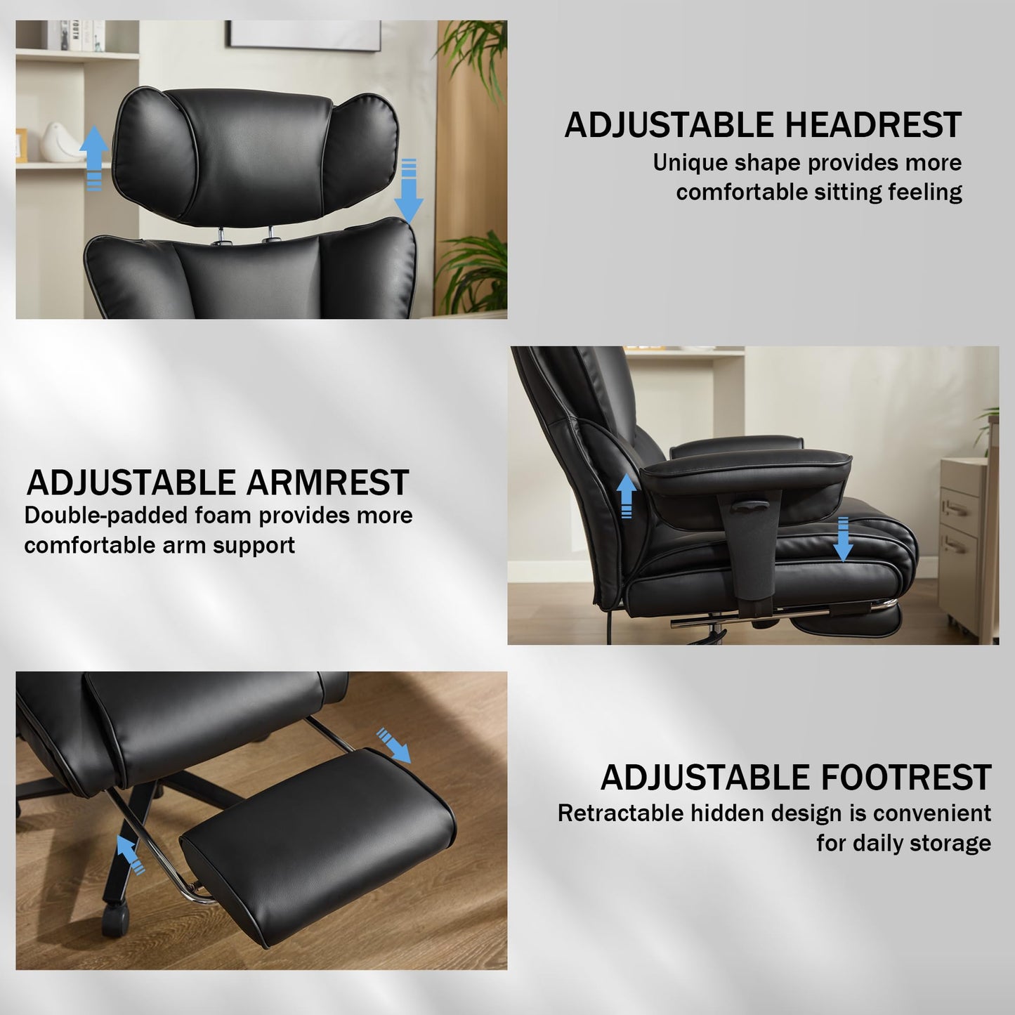 600lbs Big and Tall Office Chair with Foot Rest & Flip Arms, Plus Size Office Chair for Heavy People, Inflatable Adjustable Lumbar Support, Ergonomic Breathable Leather Chair, Quiet Rubber, Black