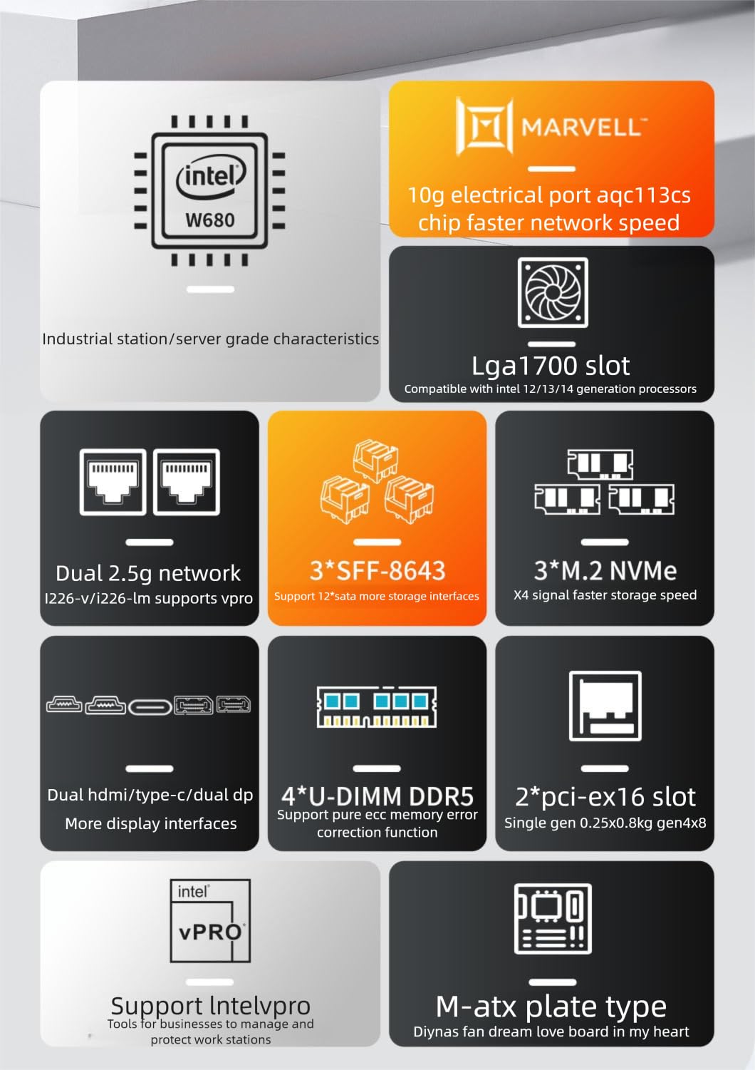 oaknode W680 12 Bay NAS ATX10Gbps Server NAS Motherboard Workstation/Server Grad Four ddr5 Two hdmi Two dp, 2x2.5G 3xnvme Support vPro Remote Management Function(Motherboard+3xSFF8643