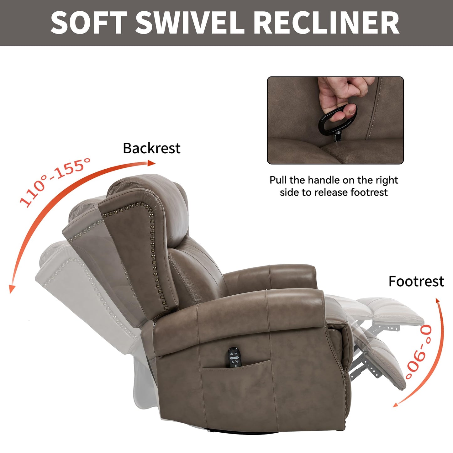 Heat Massage Manual Recliner Chair with Rocking and 360° Swivel Base, Genuine Leather Recliner Chair with Lumbar Heat, 8-Point Vibration Massage, 155° Reclining Living Room Chair for Adults, Grey