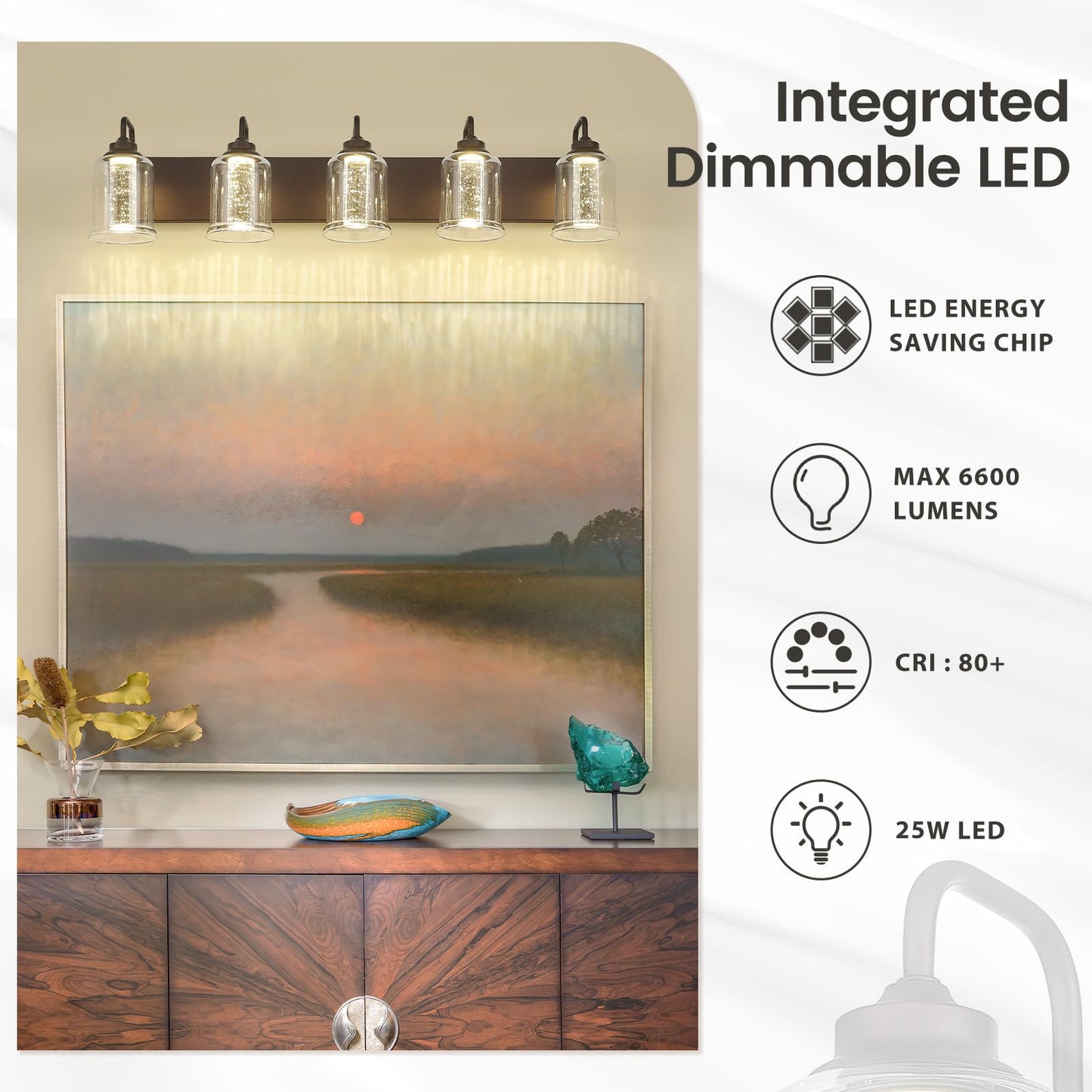 zeyu 25W LED Bathroom Vanity Lighting Fixture, 5-Light, Oil Rubbed Bronze, Crystal Bubble Glass, Model ZSL72B-5W LED ORB-1