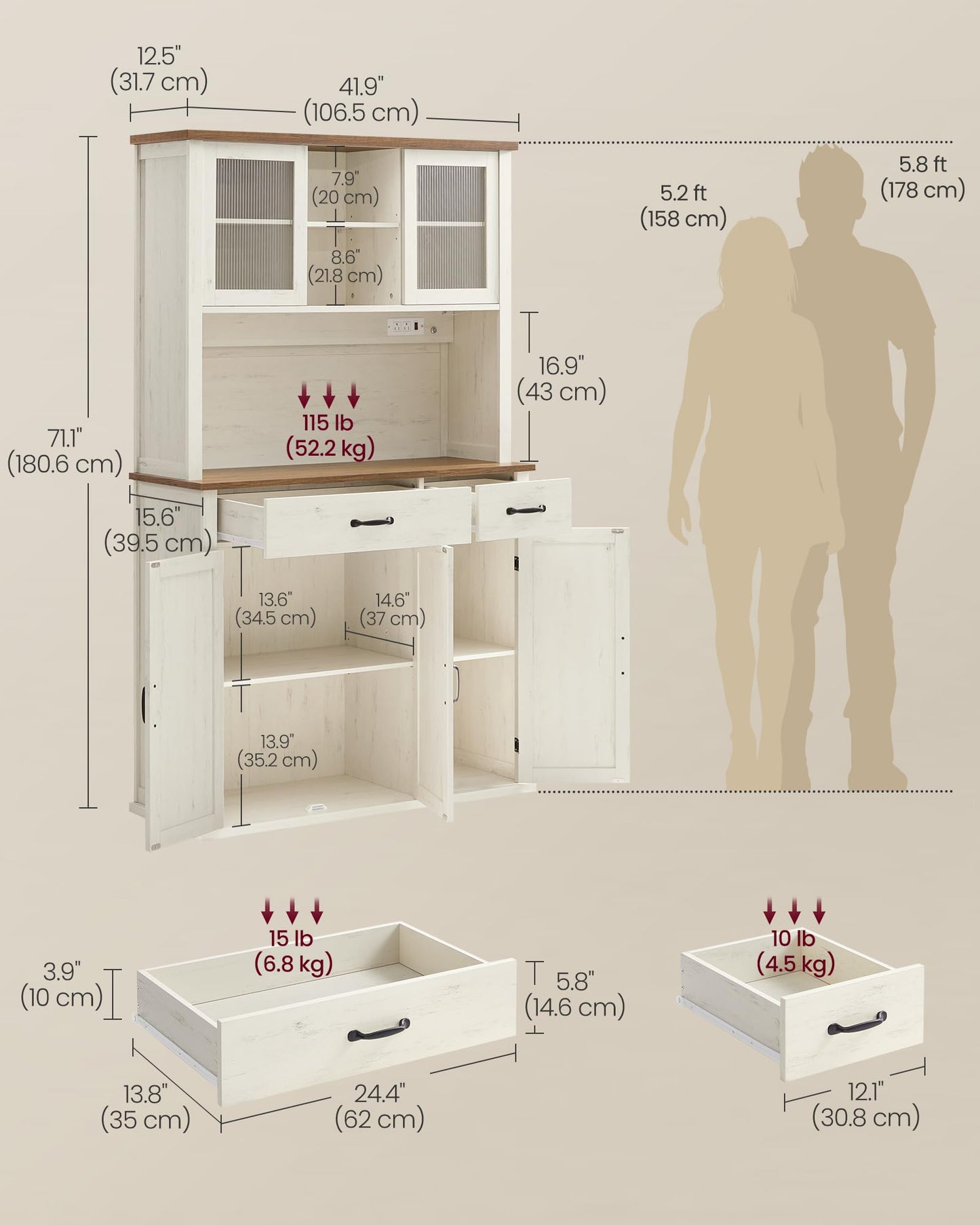 VASAGLE Pantry Cabinet with Lights and Charging Station, Kitchen Storage Cabinet with Doors and Drawers, 15.6 x 41.9 x 71.1 Inches, Adjustable Shelves, Farmhouse Style, Rustic White UBBK391W01