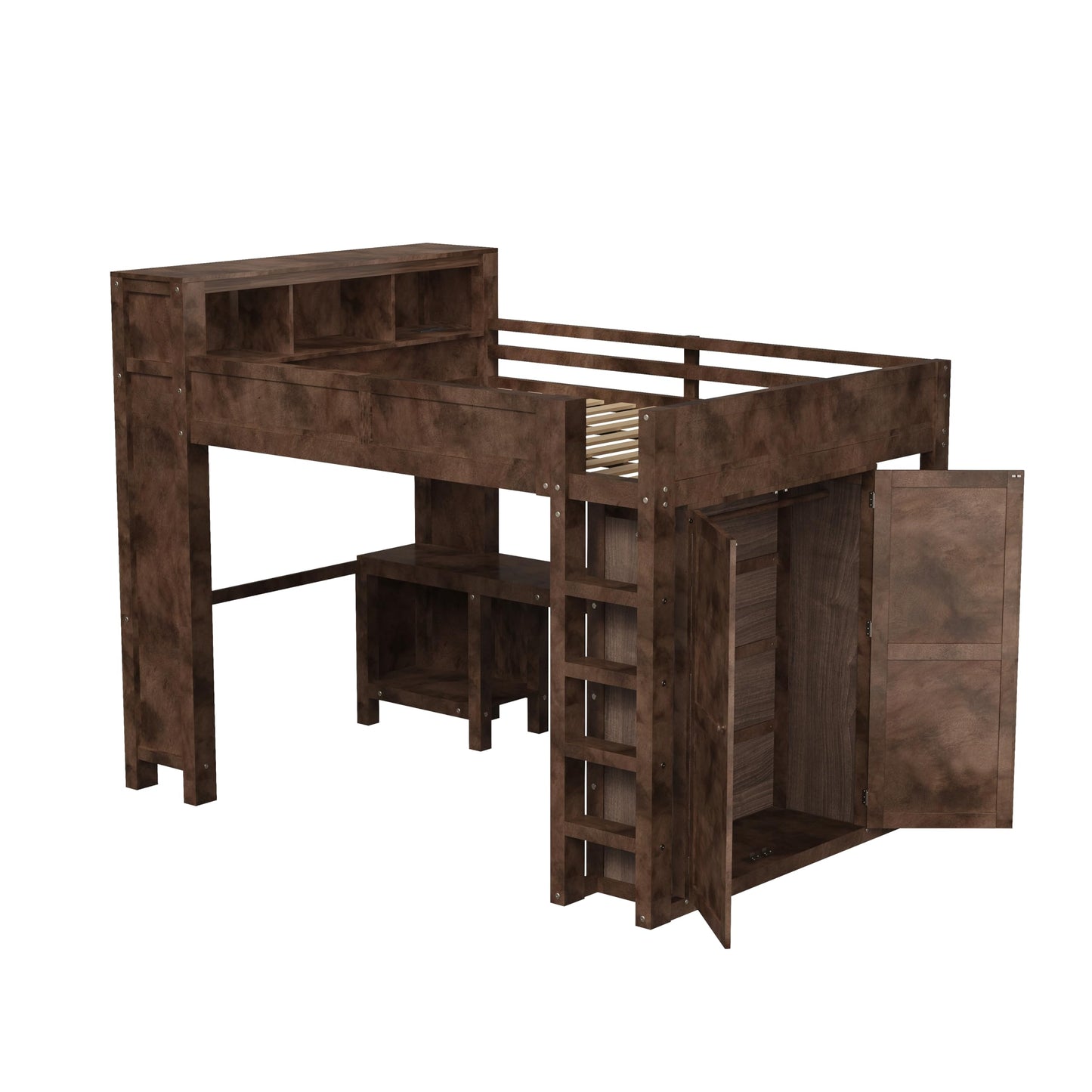 Merax Queen Loft Bed Frame with Desk and Wardrobe, Headboard with Storage & Charging Station, Wood Loft Bunk Bed with Solid Slats & Guardrail, No Box Spring Needed, Space-Saving, Noise Free, Brown