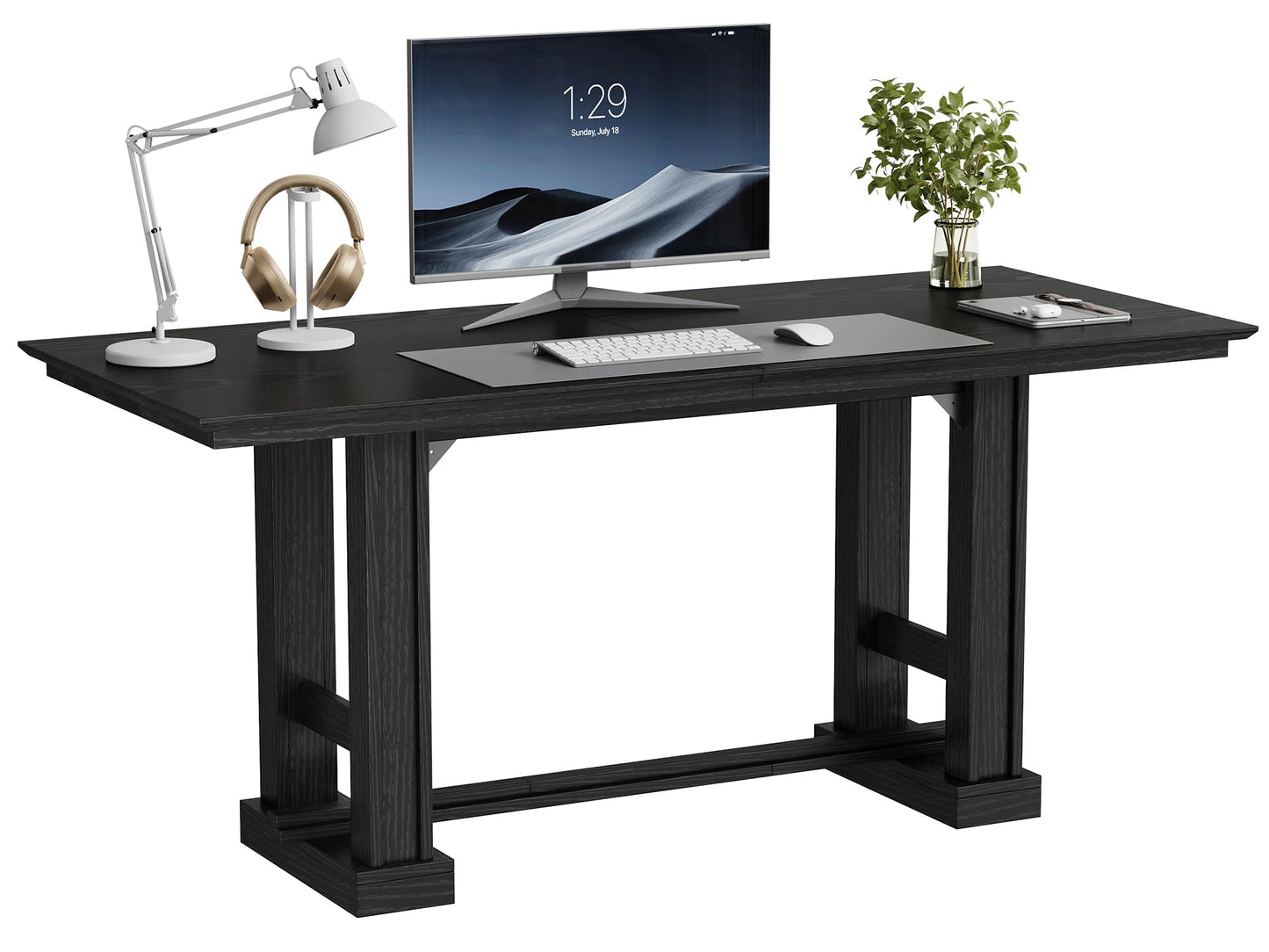 DWVO 70 Inch Computer Desk, Large Executive Office Table Workstation, Modern Farmhouse Style Laptop Wooden Sturdy Legs Writing Desk Business Furniture for Home, Black