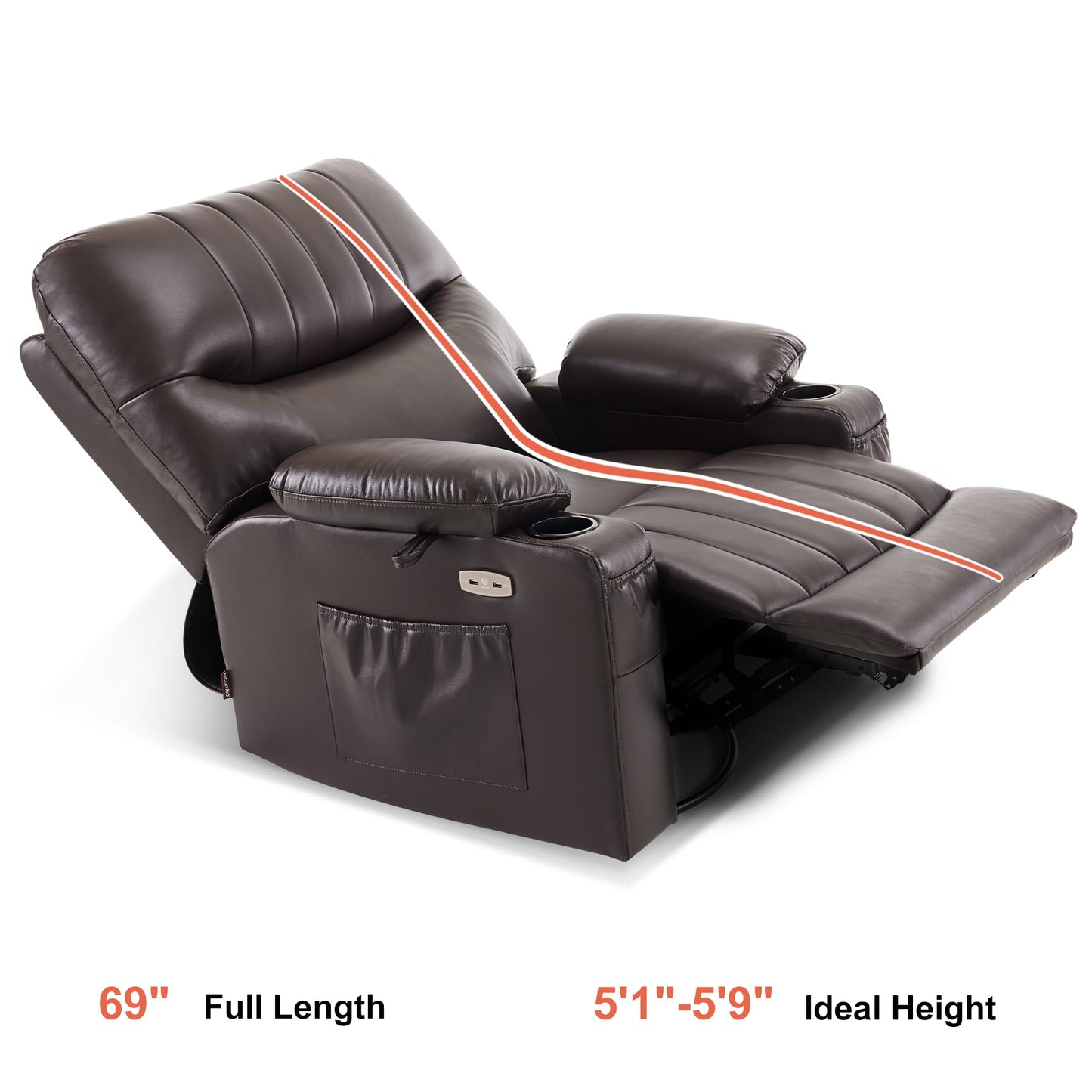MCombo Oversized Swivel Glider Rocker Power Recliner Chair for Living Room with Heat and Vibration Massage, USB Ports, Cup Holders and Pockets, Faux Leather 7785 (Chocolate Brown)