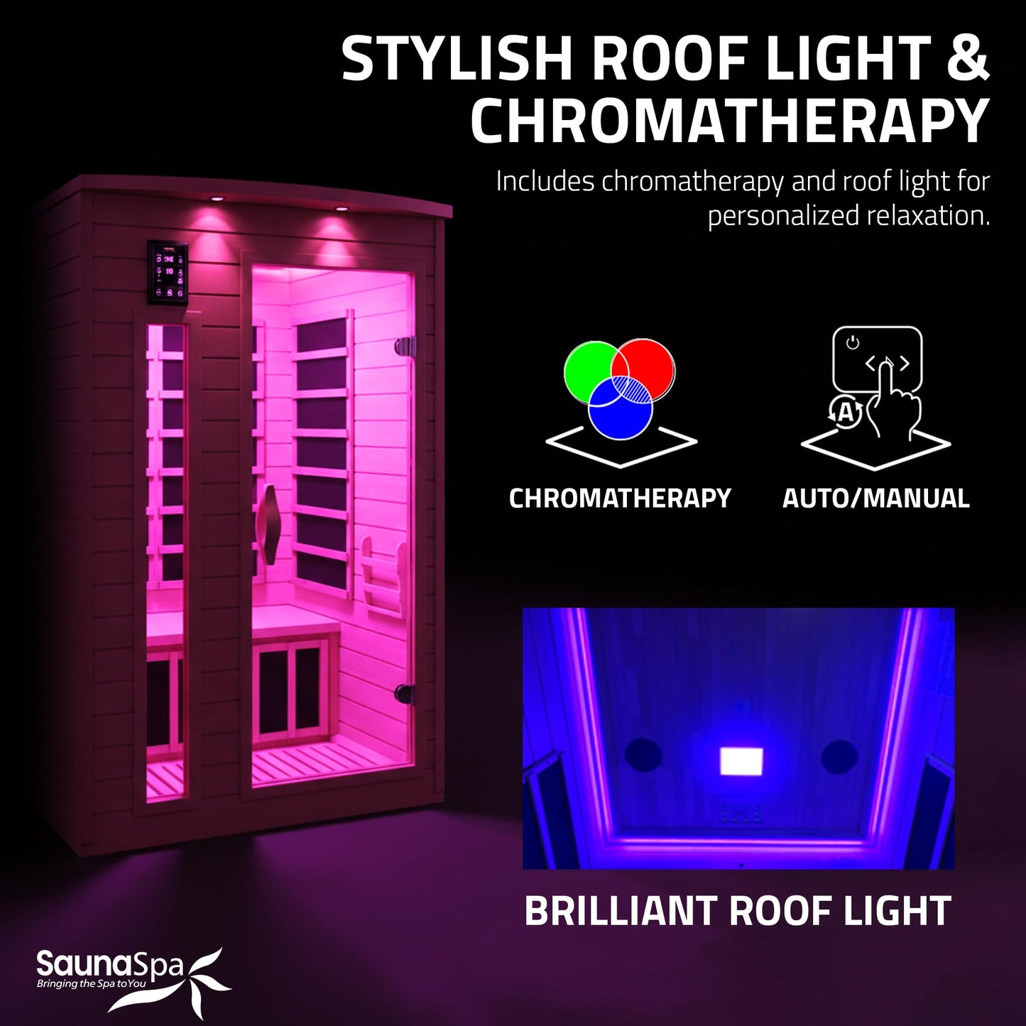 SaunaSpa Indoor 2-Person Infrared Sauna Room | Canadian Hemlock Wood Cabin Sauna with Low EMF Infrared Heating Panels, Bluetooth Audio, Tempered Glass Door, and Backrest with Chromotherapy Lighting