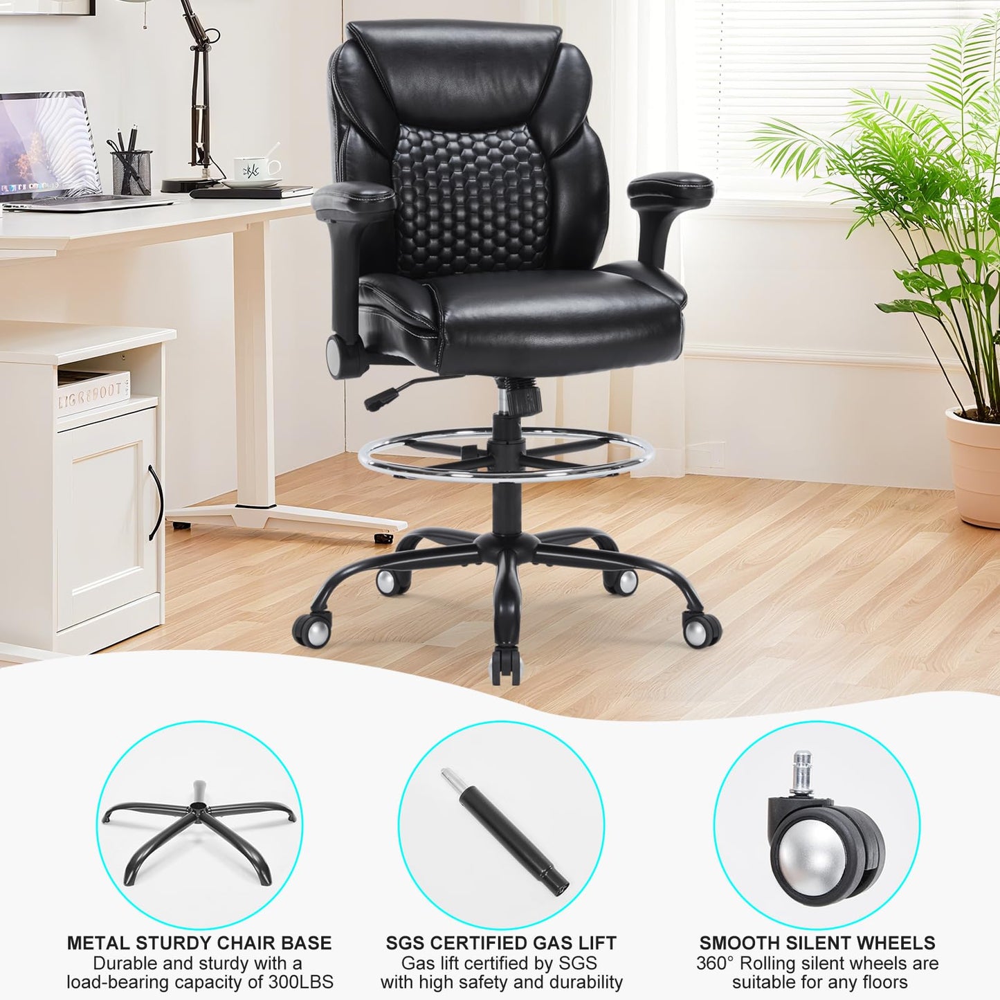 Drafting Chair, Tall Office Chair with Adjustable Armrests Mid-Back Standing Desk Chair with Footrest Ring, PU Leather High Executive Desk Chair Counter Height Office Chair for Home and Office, Black