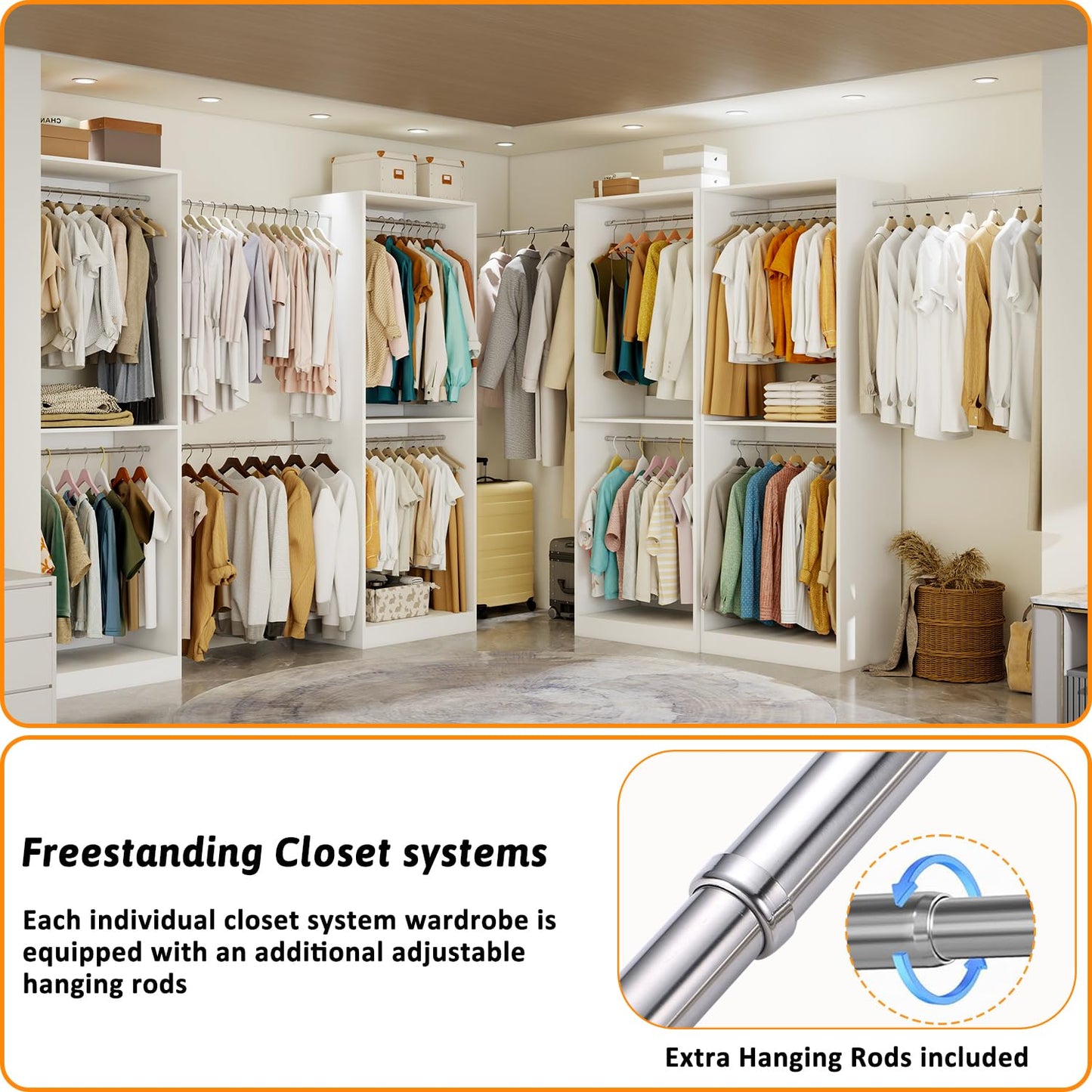 Closet System with 12 Hanging Rods& Shelves , 8FT Small Closet Organizer System Storage Wood with Extra Side Hanging Rod for Walk in Closet, Adjustable Modular Closet Systems Customize, White(8FT)