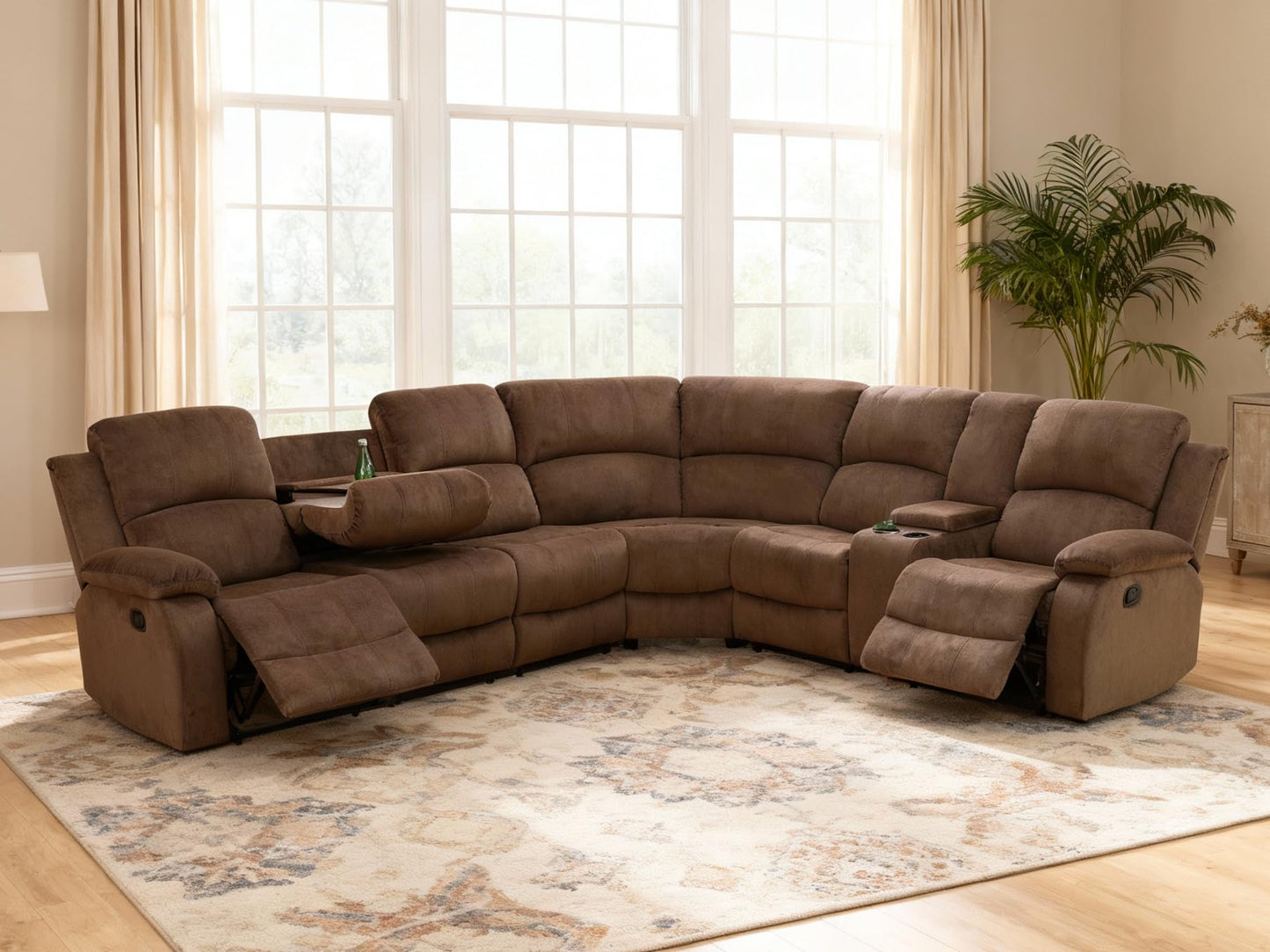 Trygoal Reclining Sectional Sofa Set, L-Shaped Sectional Couch for Living Room, Home Theater Seating with Cup Holders, Modern Intelligent Recliner Sofa, Brown