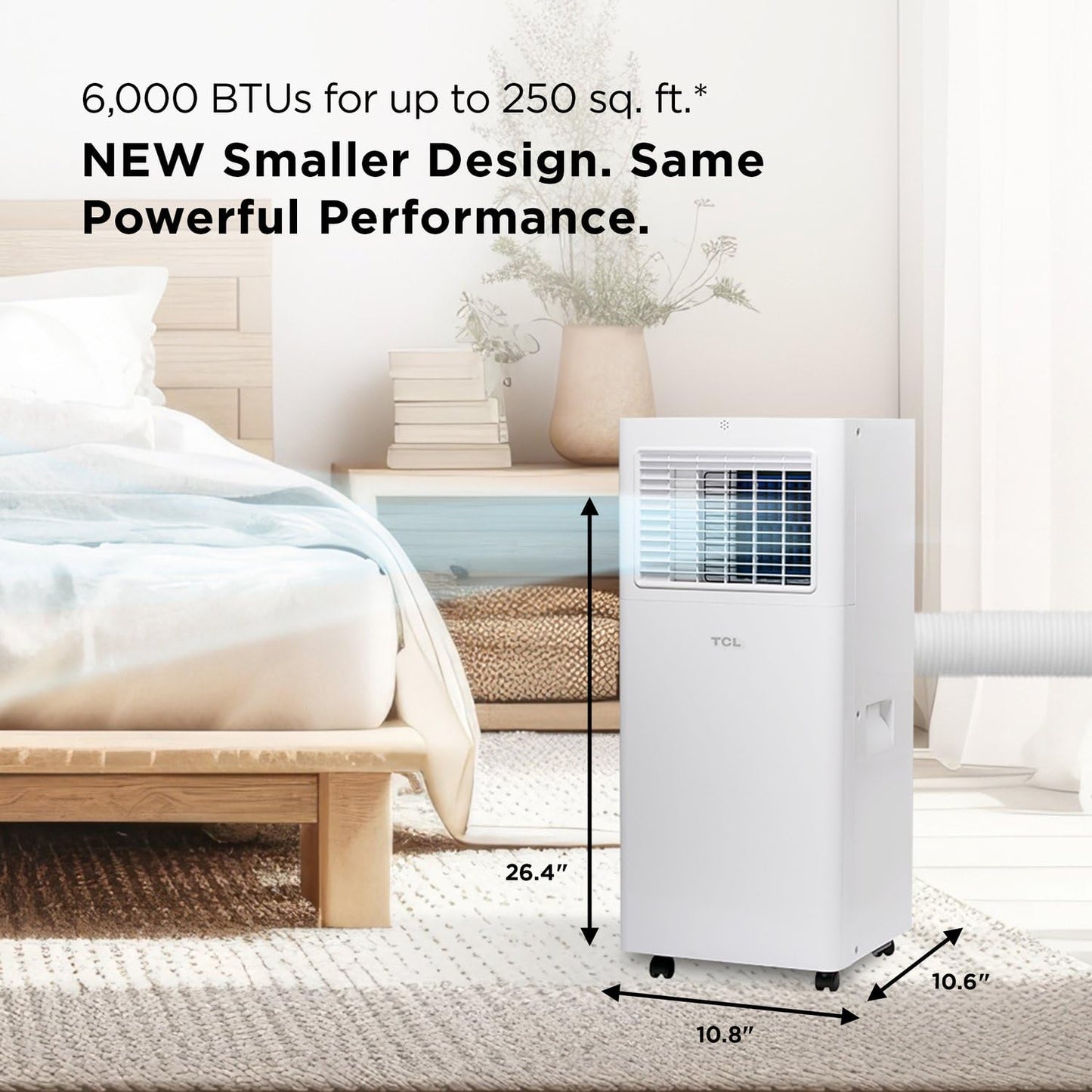 TCL H6P44W 6,000 BTU Smart Portable Air Conditioner, Fan & Dehumidifier, 250 Sq. Ft, Ultra-Compact Design, Remote Control, Compatible with Alexa/Google Assistant, Install Kit Included, White
