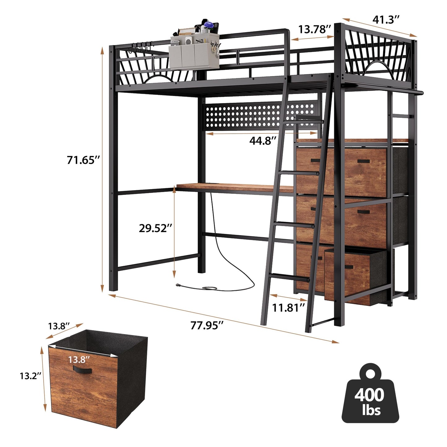 Decofy Twin Loft Bed with Desk and 6 Storage Drawers, Metal Loft Bed Twin Size with Charging Station & LED Lights, Bed Frame with Hanging Rod, Safety Ladder & Guardrail, Bedside Caddy for Kids, Teens
