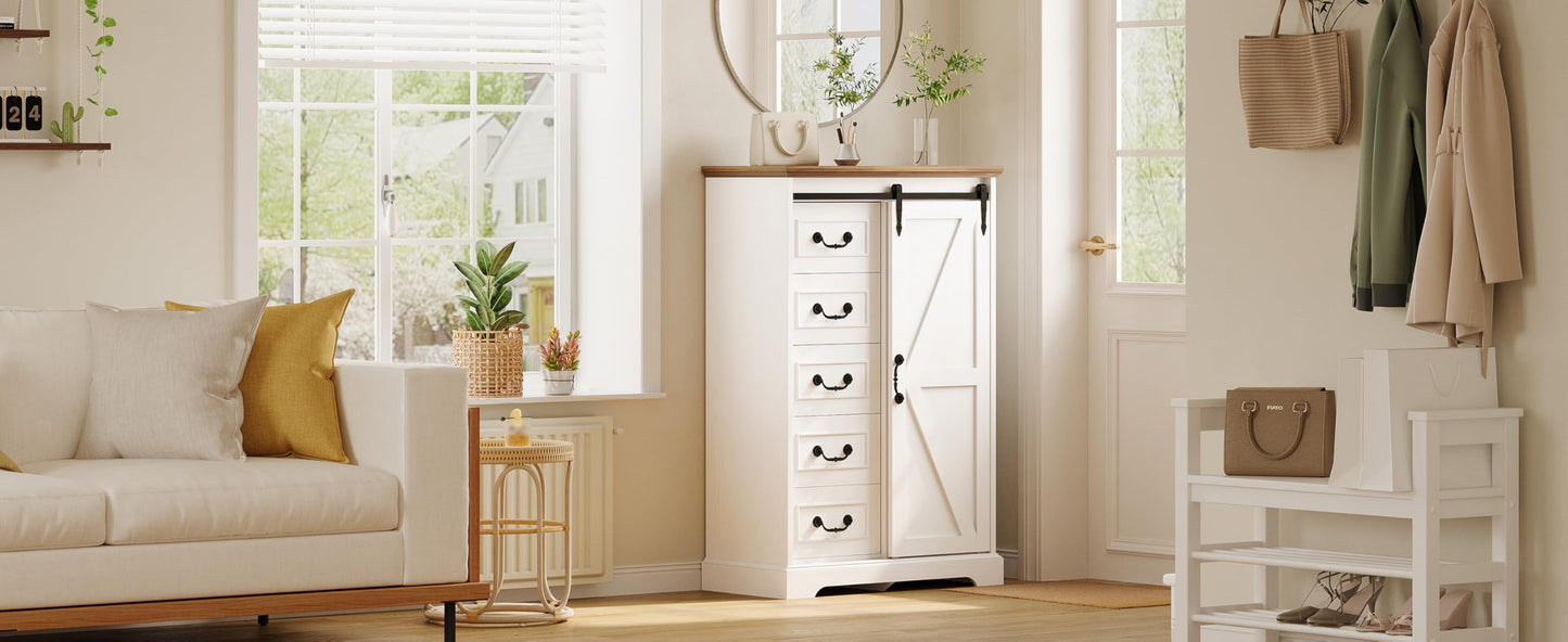 IRONCK 5 Drawers Dressers for Bedroom, Farmhouse Dresser Chest of Drawer with Sliding Barn Door,48” Tall Dresser Storage Organizer for Living Room, Entryway, White/Walnut