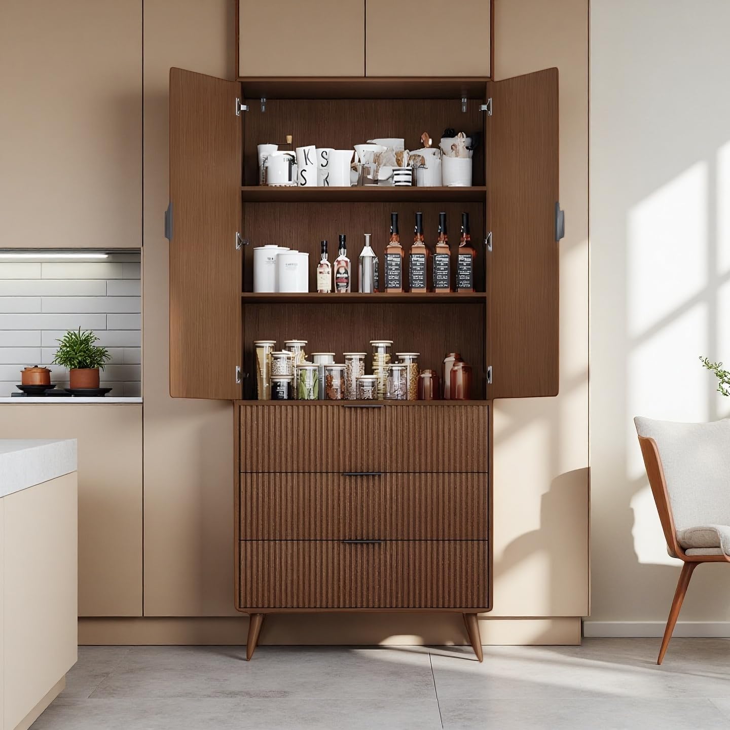 Topcomfy Tall Fluted Cabinet, Kitchen Pantry Cabinet with 2 Doors, Wood Cupboard with Adjustable Shelves, Mid Century Modern Cabinet for Living Room, Dining Room, Entryway, Office, Walnut