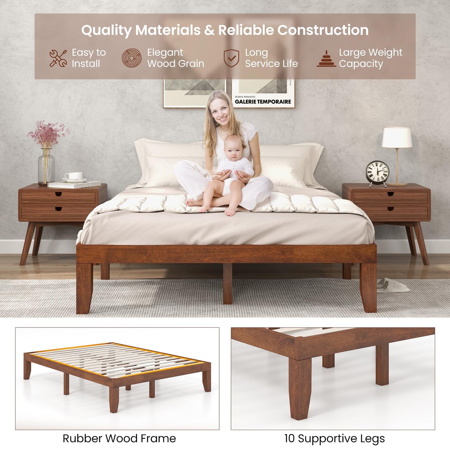 KOMFOTT 14 Inches Wood Platform Bed Frame Queen Size, Wooden Mattress Foundation with Rubber Wood Frame, Strong Wooden Slat Support, No Box Spring Needed, Bed Frame (Brown Cherry)