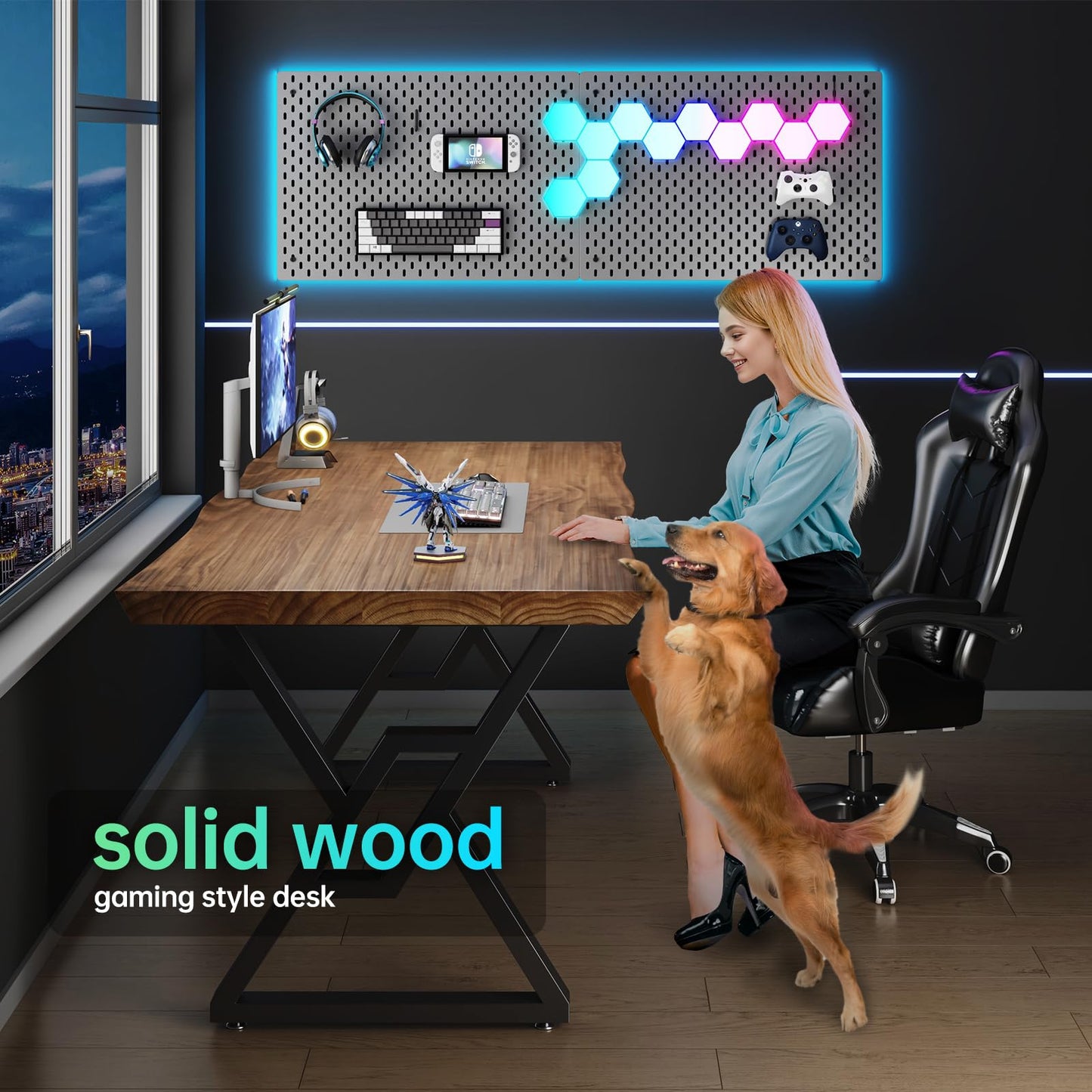 jmzx store Solid Wood Rustic Style 55.1-inch Computer Desk - Large Office Desk for Home Office (Black-w, 55.12 * 27.56 * 29.53)
