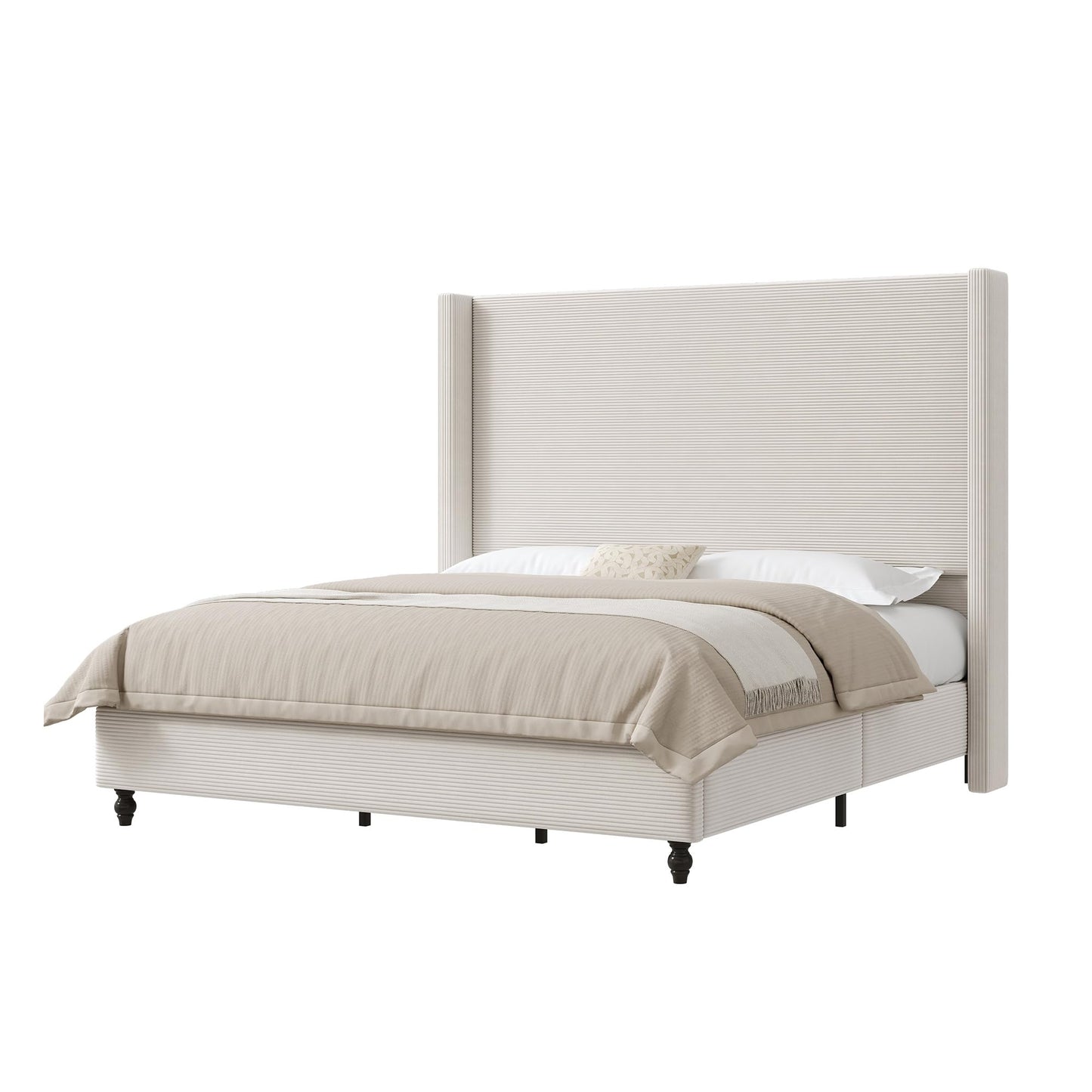AMERLIFE King Size Bed Frame with 65" Tall Headboard, Upholstered Corduroy Bed Frame with Wingback, Platform Bed with Solid Wood Gourd Legs, Solid Slats, No Box Spring Needed, White