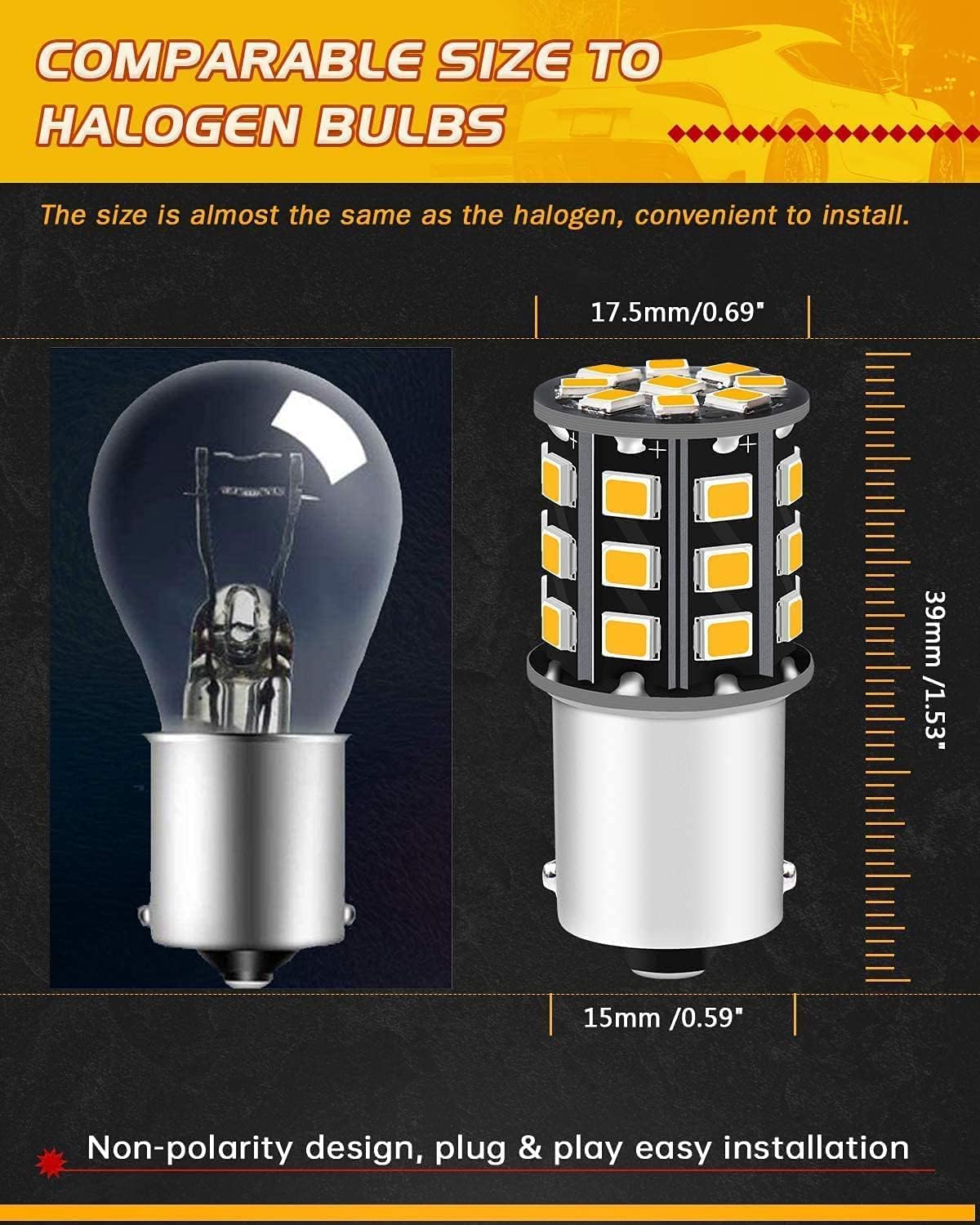 Qoope 1156 LED Bulb Amber, 33SMD 12V-24V BA15S, Model AMBL0017CN-A, Pack of 4