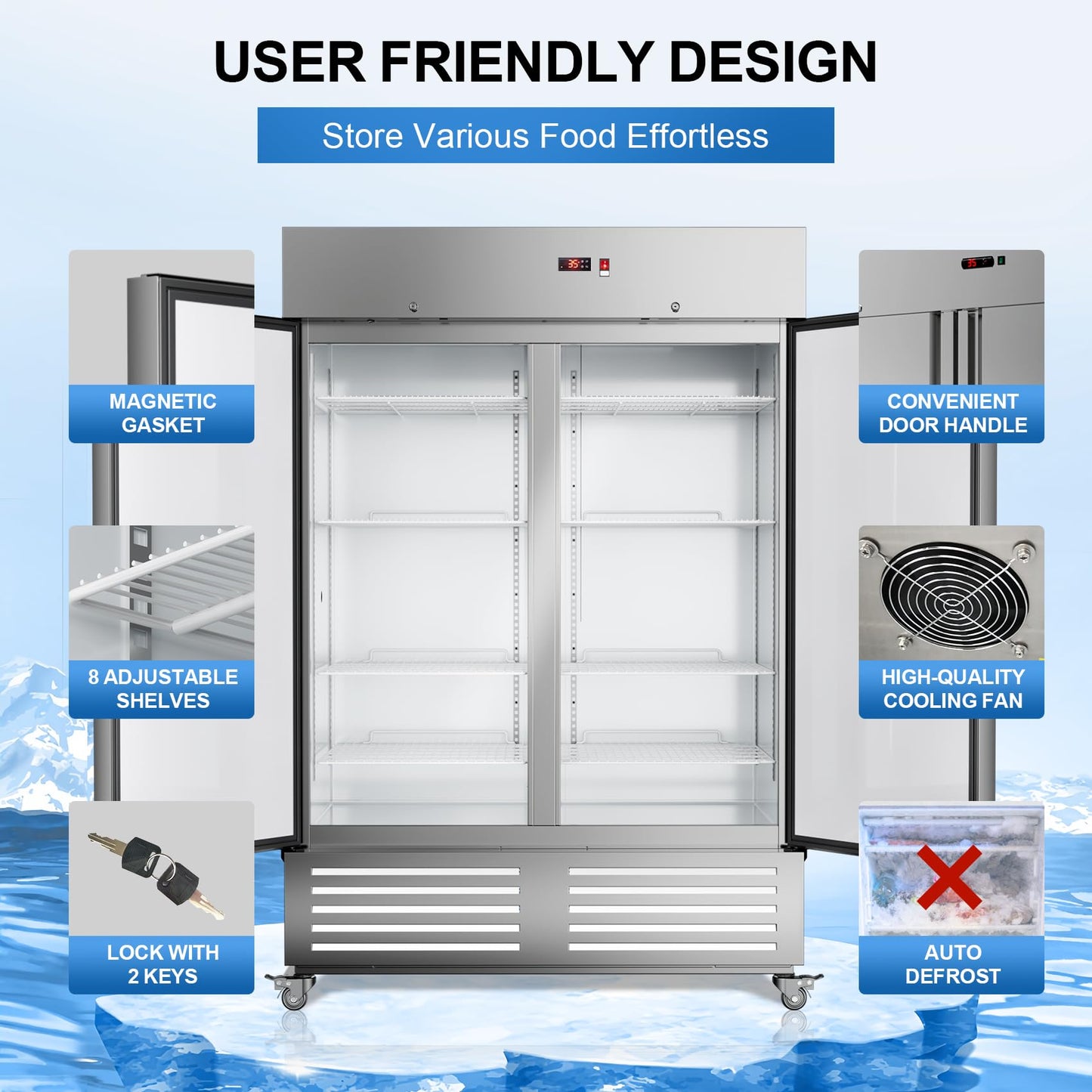 Ferueo Commercial Refrigerator 54" W 2 Door Stainless Steel Reach-in Solid Door Upright Fridge Fan Cooling 49 Cu.ft Refrigerators 32-47°F for Restaurant, Bar, Shop