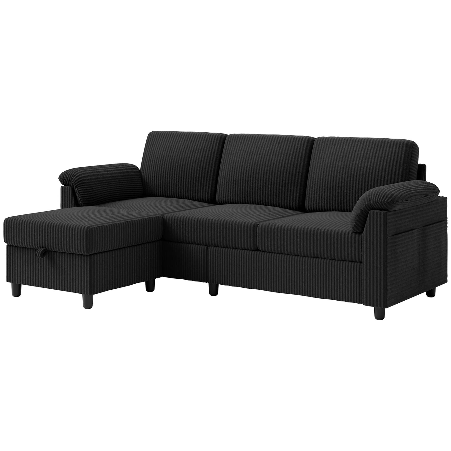 Vongrasig Convertible Sectional Couches, 3 Seat L Shaped Couch Sofa with Removable Pillows Soft Corduroy Fabric Small Couch Mid Century for Living Room, Apartment and Office Black
