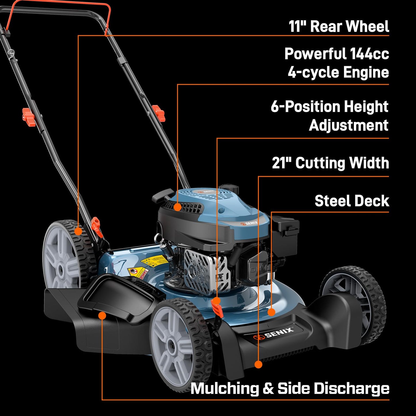 SENIX 144 cc Gas Lawn Mower, 21 inch 2-in-1 Push with Mulching and Side Discharge, 4-Cycle Engine, 6 Position Cutting Height Adjustment for Yard and Garden (LSPG-L6)