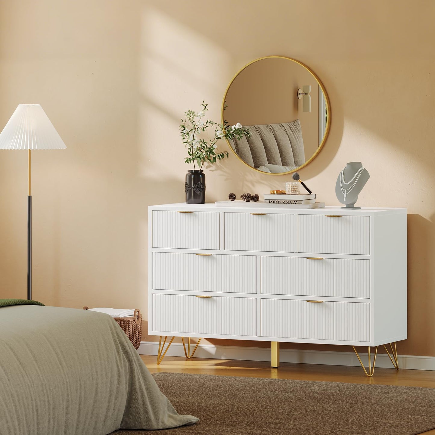 7 Drawer Dresser, 47.2" Wide Modern White Dresser for Bedroom, Wooden Chest of Drawer with Gold Metal Legs and Handles, Narrow Entryway Table Storage Organizer for Living Room, Hallway, Entryway