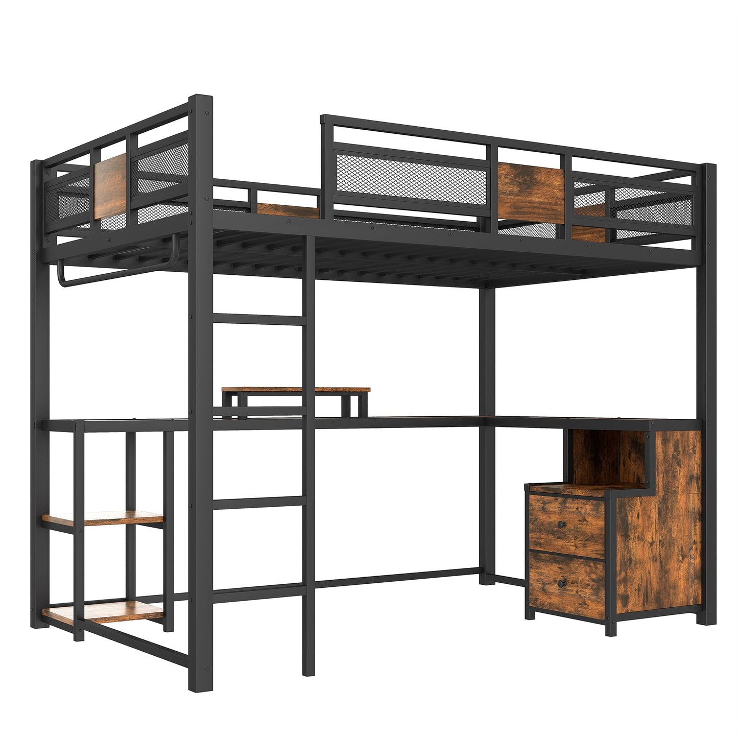 Bellemave Full Loft Bed with L-Shaped Desk and Storage Drawers, Full Size Loft Bed Frame with Computer Monitor Stand, Corner Shelf and Hanger Rod, Adults Loft Beds Nosie-Free, Black