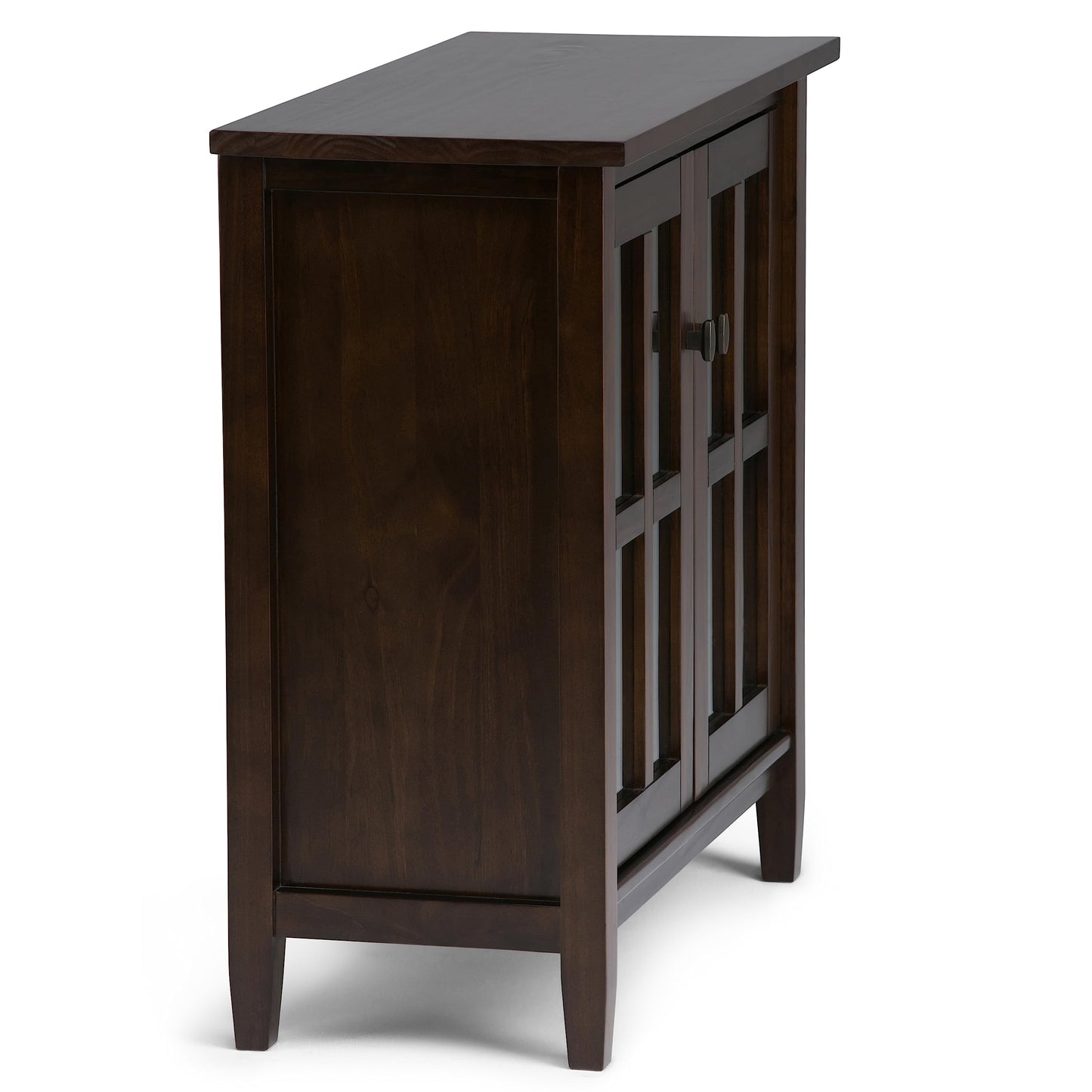 SIMPLIHOME Warm Shaker Storage Cabinet - 32 inch Wide Solid Wood 2-Shelf Low Storage Cabinet in Brunette Brown, Transitional Accent Cabinet for Entryway with Tempered Glass Doors and Shelves